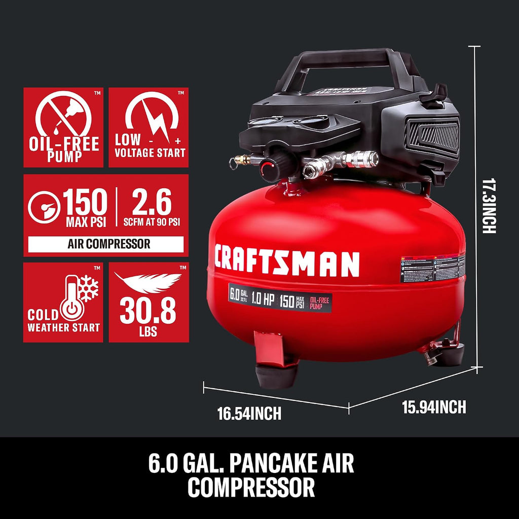 CRAFTSMAN 6 Gallon Portable Pancake Air Compressor, Oil-Free, Max 150 PSI, 1 HP, 2.6 SCFM @ 90 PSI, with 25 ft Air Hose and 2 Quick Couplers, Model CMXECXA0210641C