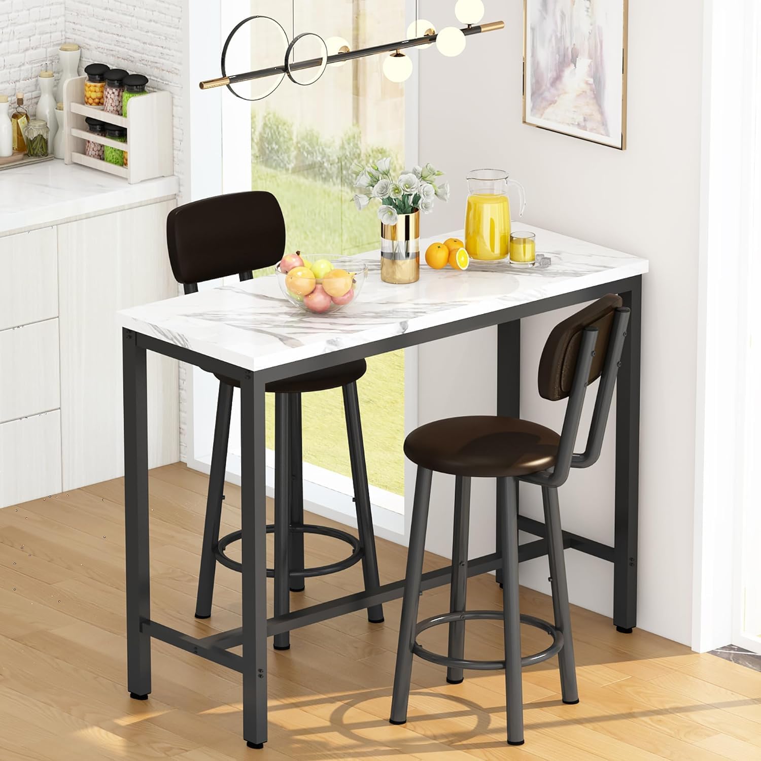 AWQM 3 Piece Bar Table Set of 2,39.3' Pub Bar Table and Chairs Set,Faux Marble Bar Height Table with 2 Backrest Stools,Small Dining Table for 2,Kitchen Table Set for Small Space,White & Brown(2 Set)
