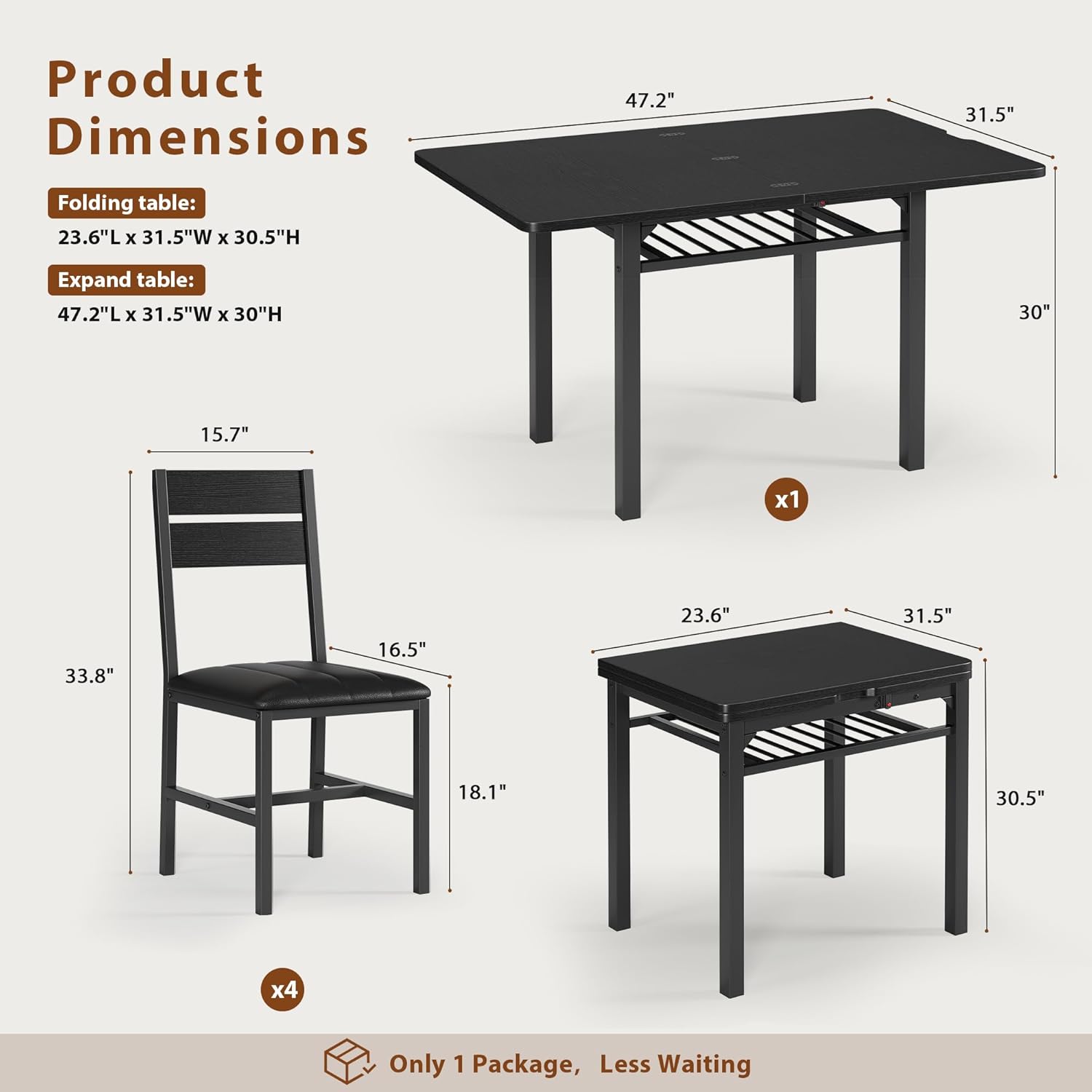 MapleGrace Dining Table Set for 4, Extendable Kitchen Table with 4 PU Leather Upholstered Dining Room Chairs, Wood Kitchen Table Set with Built-in Storage Rack for Dining & Small Spaces, Black