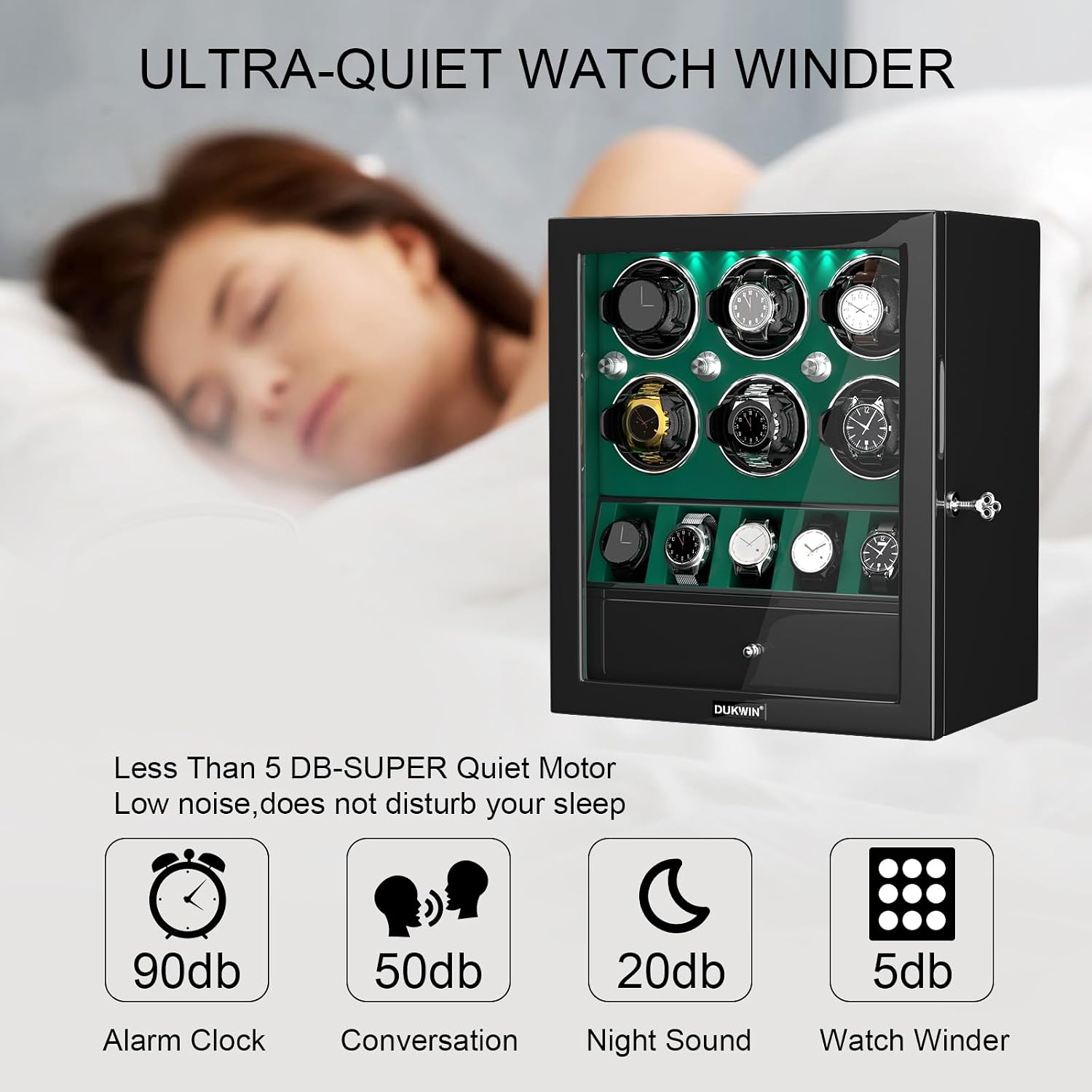 DUKWIN Watch Winder for 4/6/8 Automatic Watches, Lockable Winders with Watch Holders and Jewelry Storage, Super Quiet Motor with High-Gloss Finish, Built-in Illumination