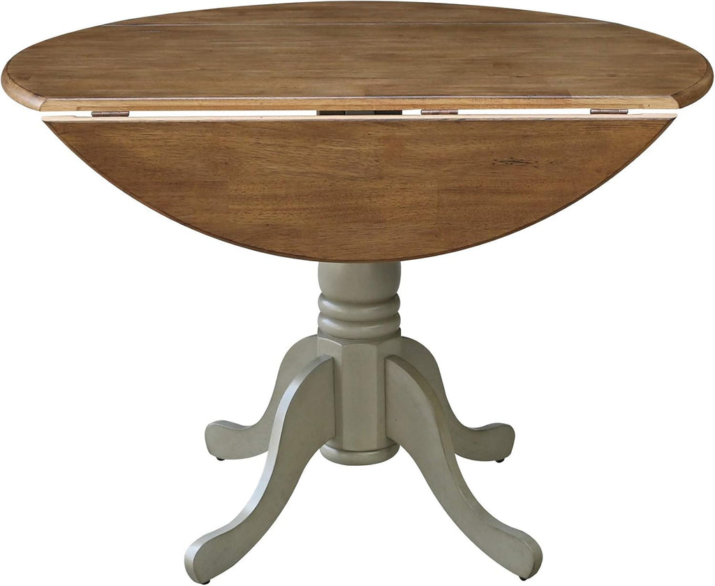 IC International Concepts, 42' Round Dual Drop Leaf Pedestal Dining Table, Solid Real Wood, Sturdy Parawood, Distressed Hickory/Stone