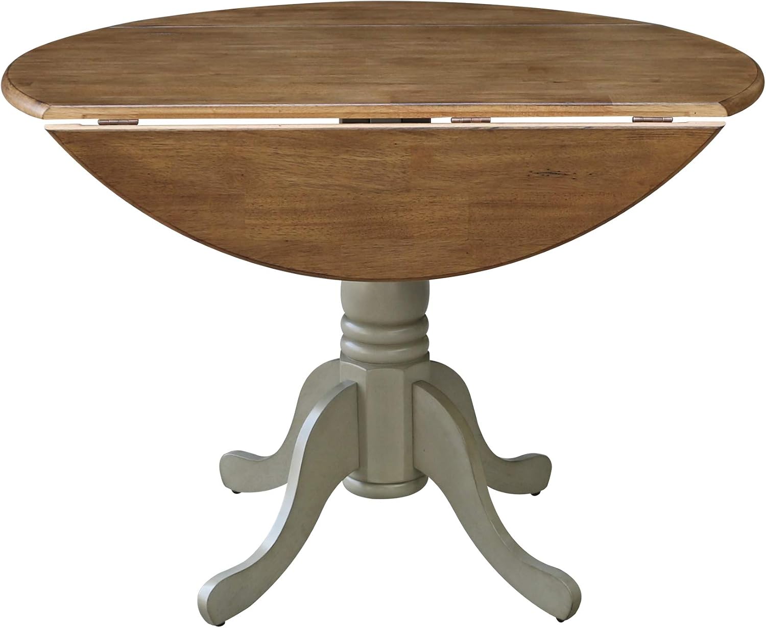 IC International Concepts, 42' Round Dual Drop Leaf Pedestal Dining Table, Solid Real Wood, Sturdy Parawood, Distressed Hickory/Stone
