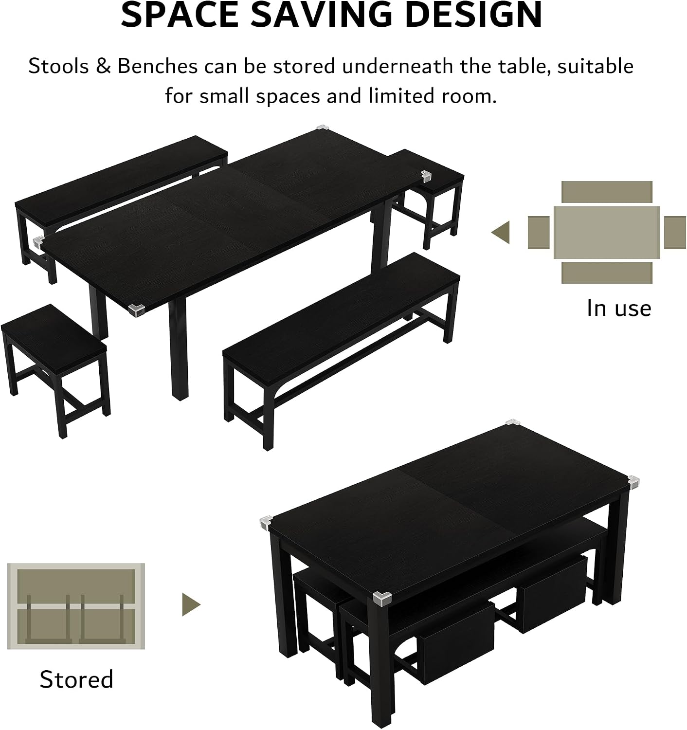 iPormis Extendable Dining Table Set for 4 6 8, Black Kitchen Table with 2 Benches and 2 Square Stools, Classic Dining Room Table with Stable Metal Base, Space Saving