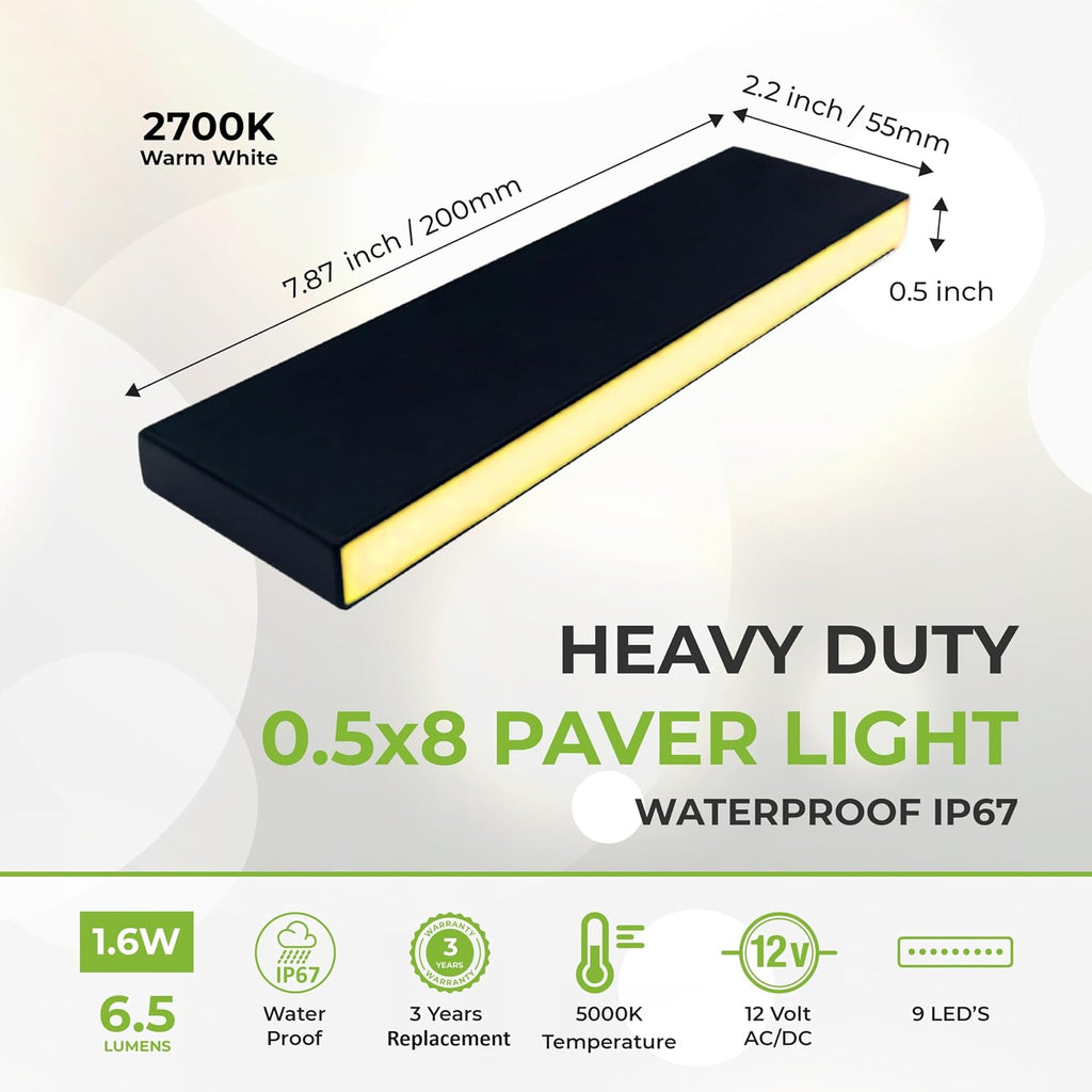 LUMENGY Slim Paver Light 0.5x8 Inch (0.55x7.87), for Driveway, Pathway, Walkway and Paver Borders, 2700K Glare-Free Linear Lighting, IP67 Waterproof, 12V, Drive-Over Rated, 12-Pack