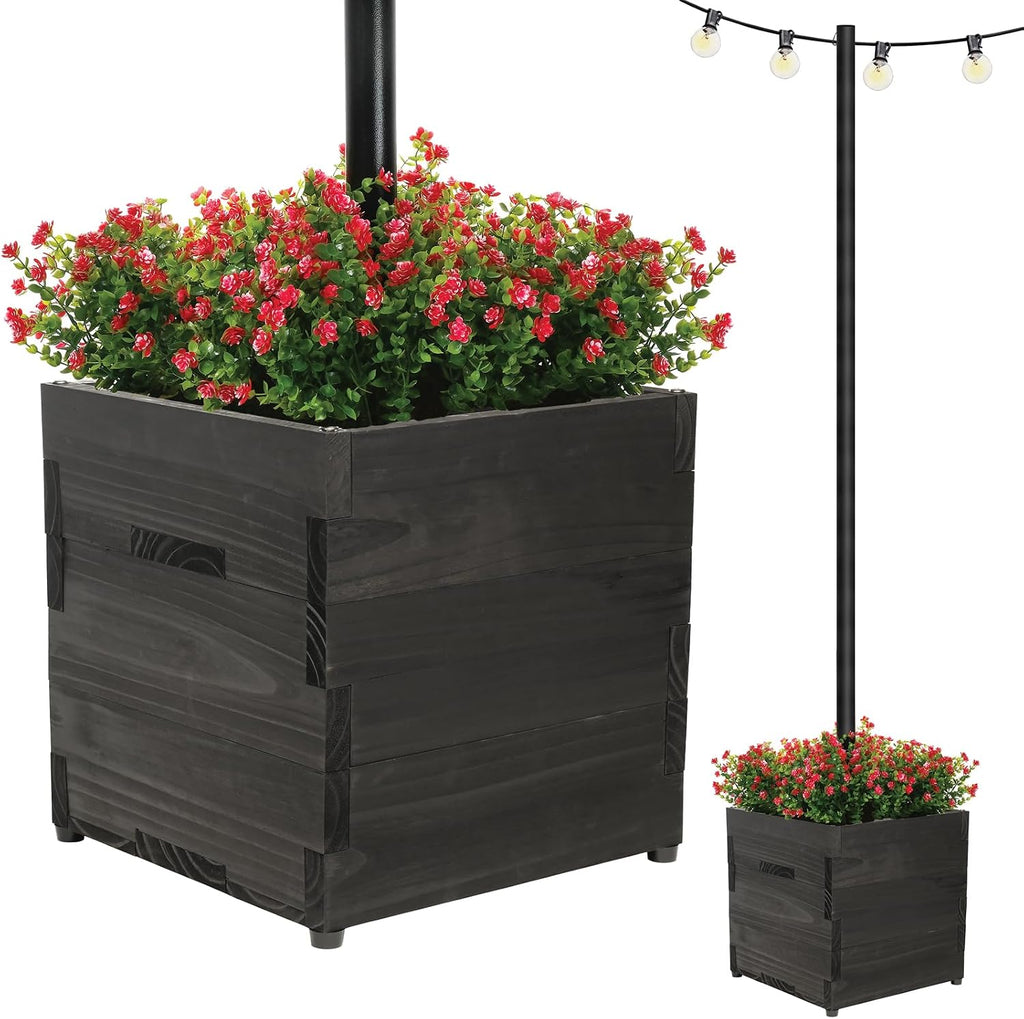 Extra Large Decorative Wooden Planter w/ Universal Pole Support for String Light Poles, Umbrellas, Bird Feeders. Solid Wood Outdoor Garden Box for Plants(Does not include Pole), 17'x17'x18', Black