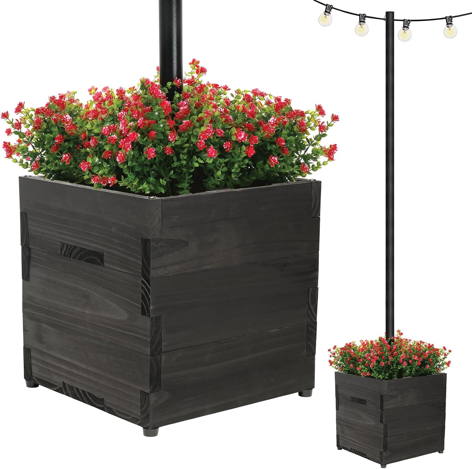 Extra Large Decorative Wooden Planter w/ Universal Pole Support for String Light Poles, Umbrellas, Bird Feeders. Solid Wood Outdoor Garden Box for Plants(Does not include Pole), 17'x17'x18', Black