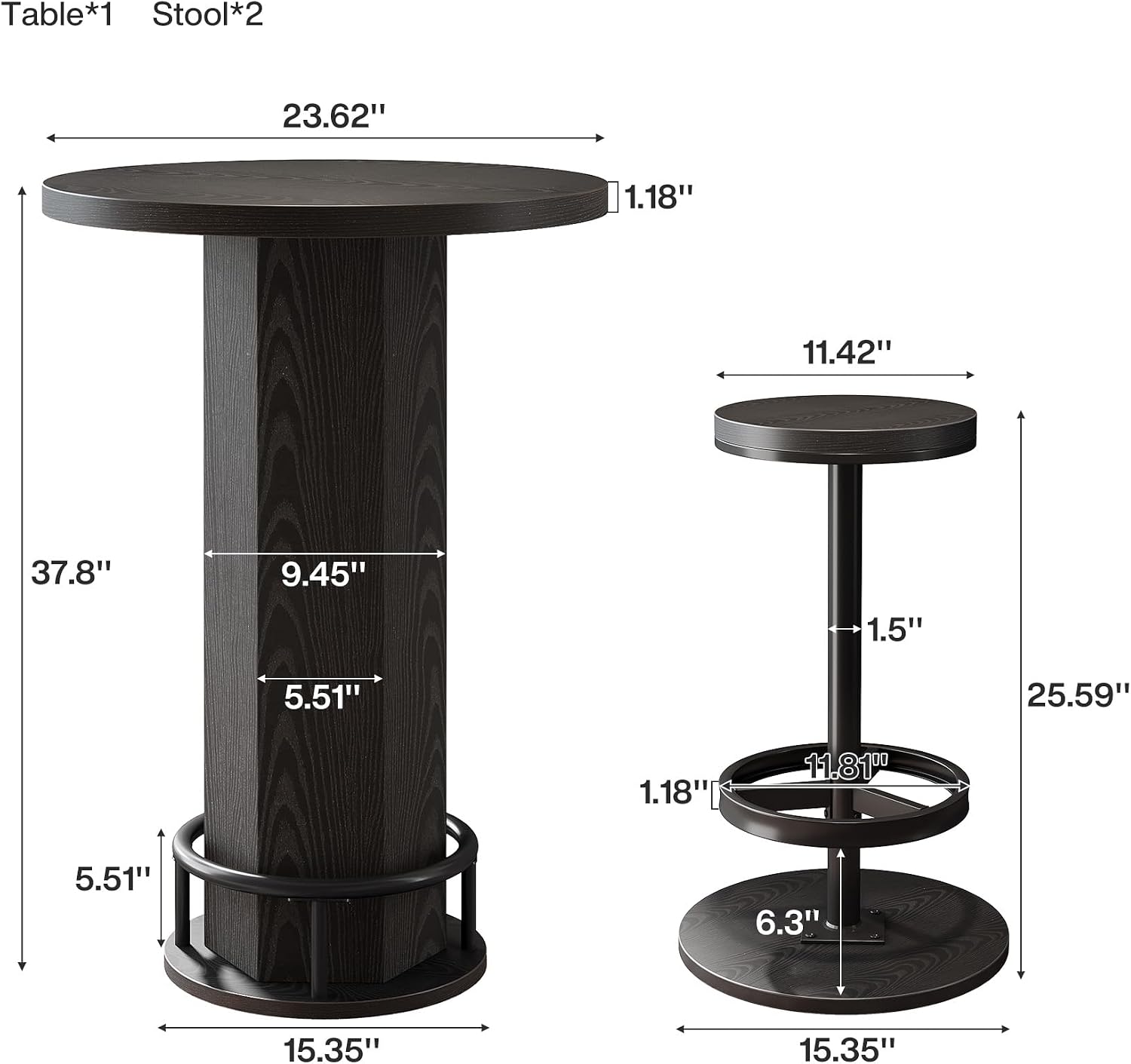 Tribesigns Round Bar Table with Chairs, Industrial Bistro Sets with 2 barstools, Pub Cocktail Table with Metal Ring Footrest for Kitchen Nook, Apartment, Small Space