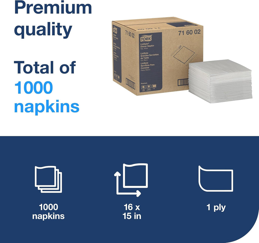 Tork LinStyle Disposable Linen-Feel Dinner Napkin White, Flat Pack, 16' x 15', 1 x 1000 Napkins, 716002