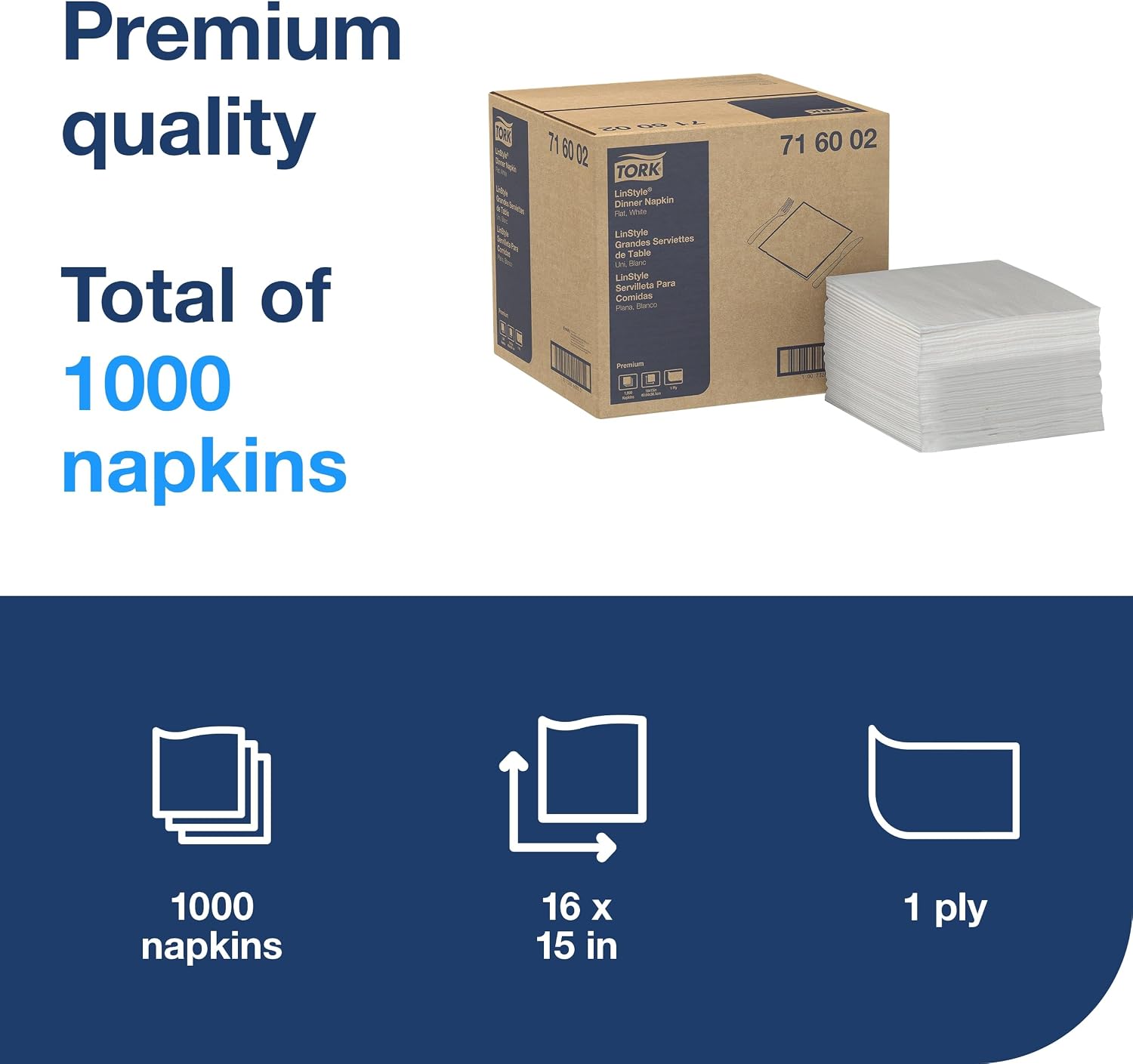 Tork LinStyle Disposable Linen-Feel Dinner Napkin White, Flat Pack, 16' x 15', 1 x 1000 Napkins, 716002
