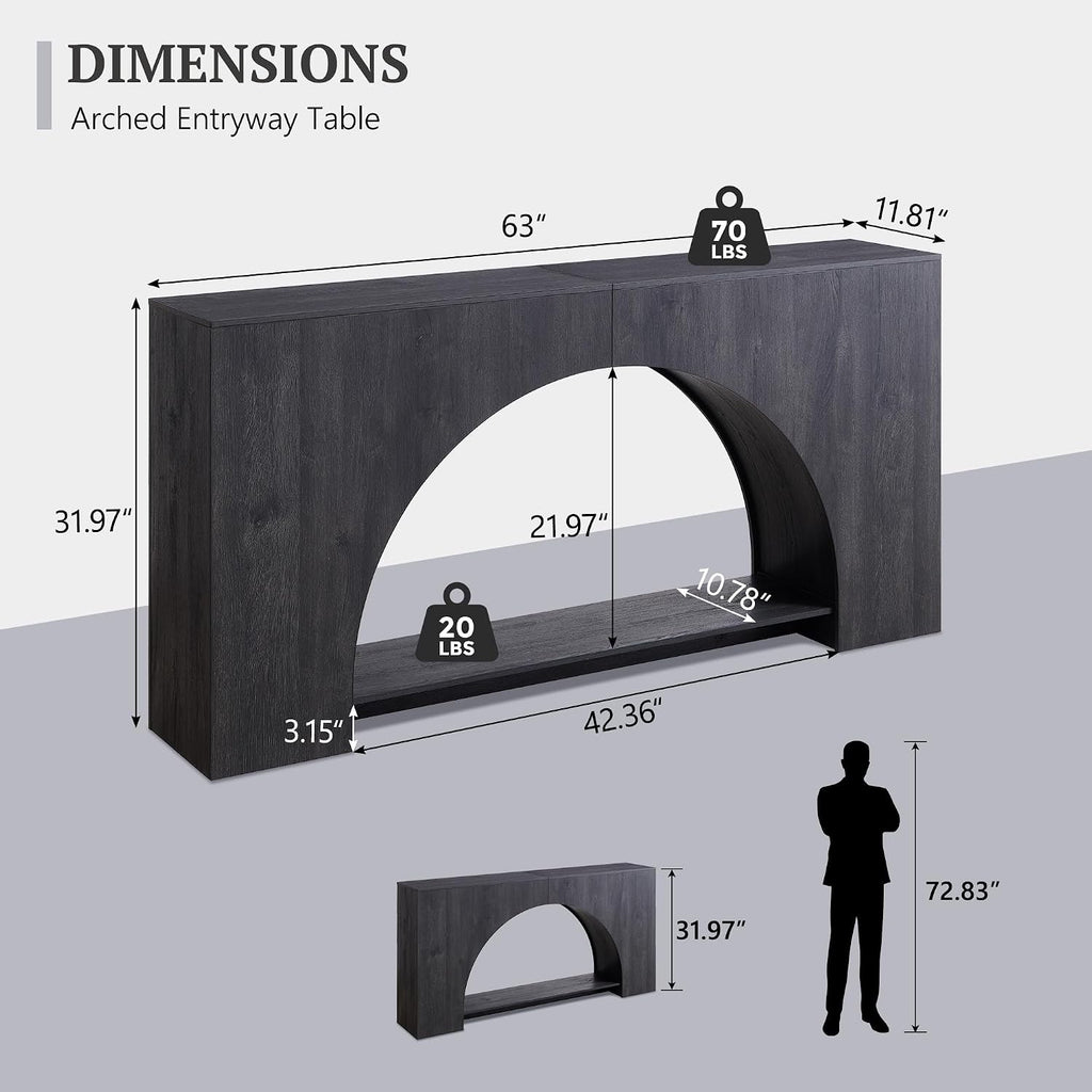 IFGET 63' Arched Console Table, 2-Tier Modern Entryway Table with Arched Base, Narrow Long Wood Sofa Table Behind Couch Table for Living Room, Hallway, Foyer, Dark Grey