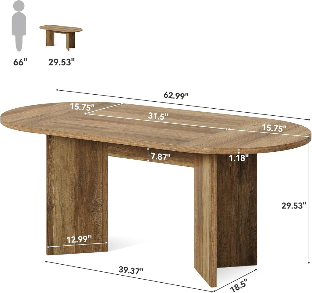 LITTLE TREE 63' Rustic Oval Dining Table for 2-4, Sturdy MDF Farmhouse Kitchen Table with Metal Strip Base, for Living Room, Office, Restaurant, Multi-Use, Umber
