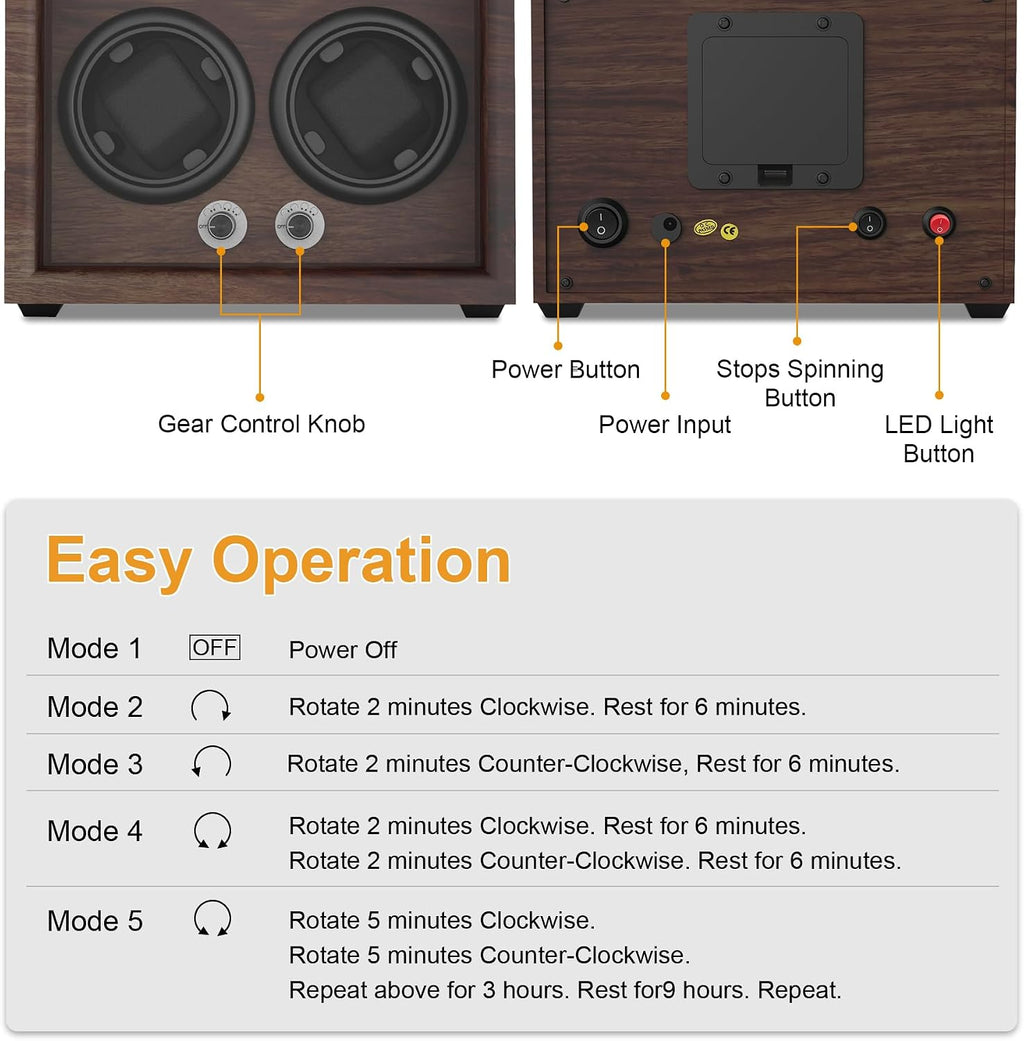 Watch Winder for Automatic Watches,Wooden Watch Rotating Case with LED Light,4 Rotation Modes,Elastic Watch Pillows Quiet Mabuchi Motor