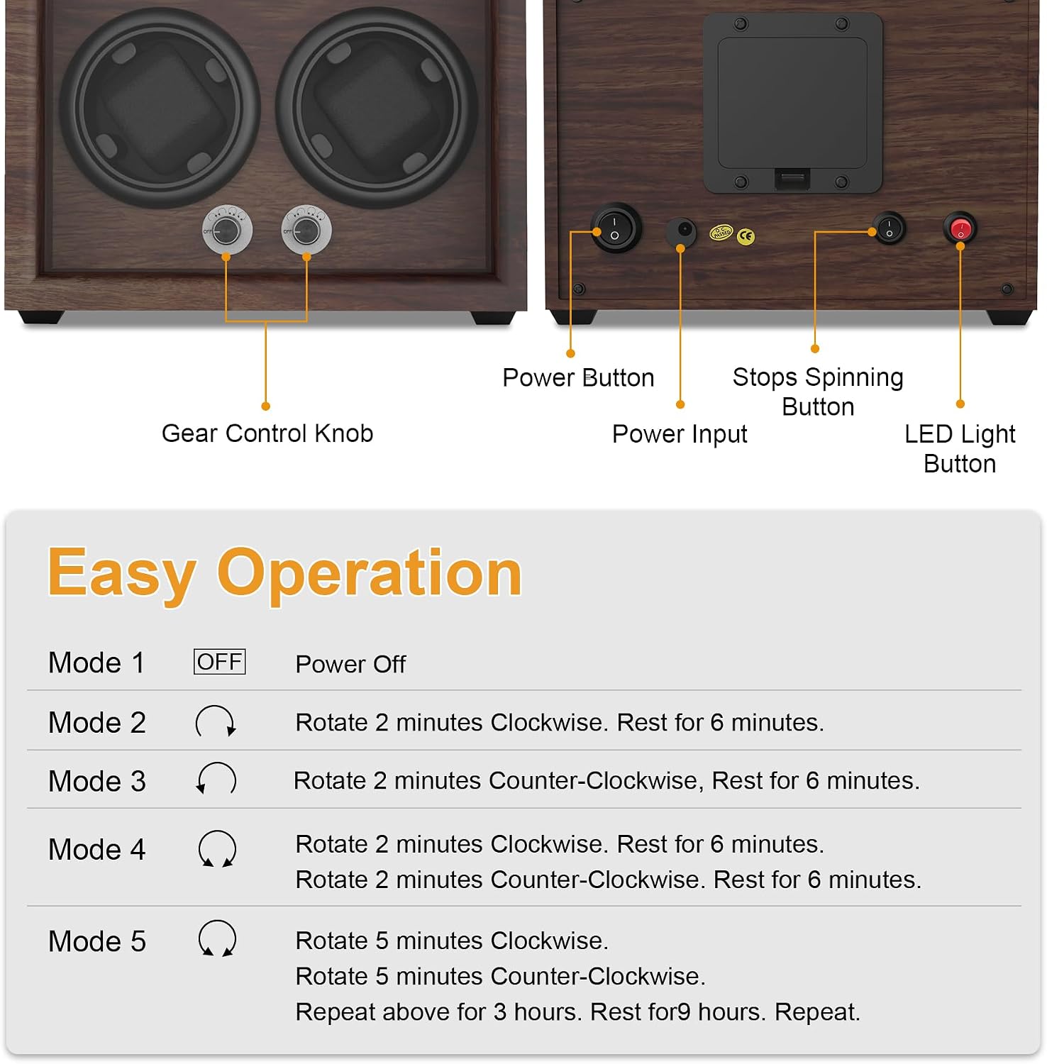 Watch Winder for Automatic Watches,Wooden Watch Rotating Case with LED Light,4 Rotation Modes,Elastic Watch Pillows Quiet Mabuchi Motor