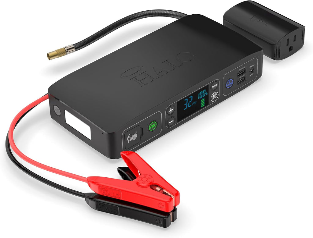 HALO Bolt Air+ AC 55500 Portable Car Battery Jump Starter | 100 PSI Air Compressor, 55.5Wh USB Power Bank with AC Outlet, Emergency Floodlight & Charger, Jump Cars SUVs & Trucks, Inflate Tires — Black