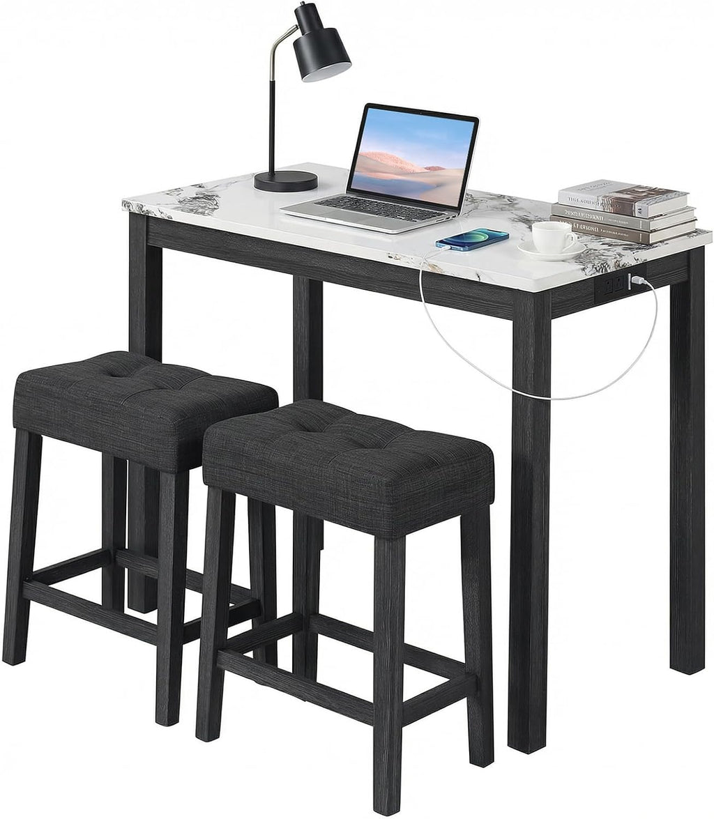 COSTWAY 3-Piece Bar Table Set with Charging Station, Modern Counter Height Breakfast Table w/Faux Marble Top & 2 Padded Stools, Wooden Console Table Set for Living Room, Kitchen, Dining Room (White)