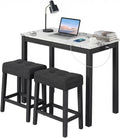 COSTWAY 3-Piece Bar Table Set with Charging Station, Modern Counter Height Breakfast Table w/Faux Marble Top & 2 Padded Stools, Wooden Console Table Set for Living Room, Kitchen, Dining Room (White)