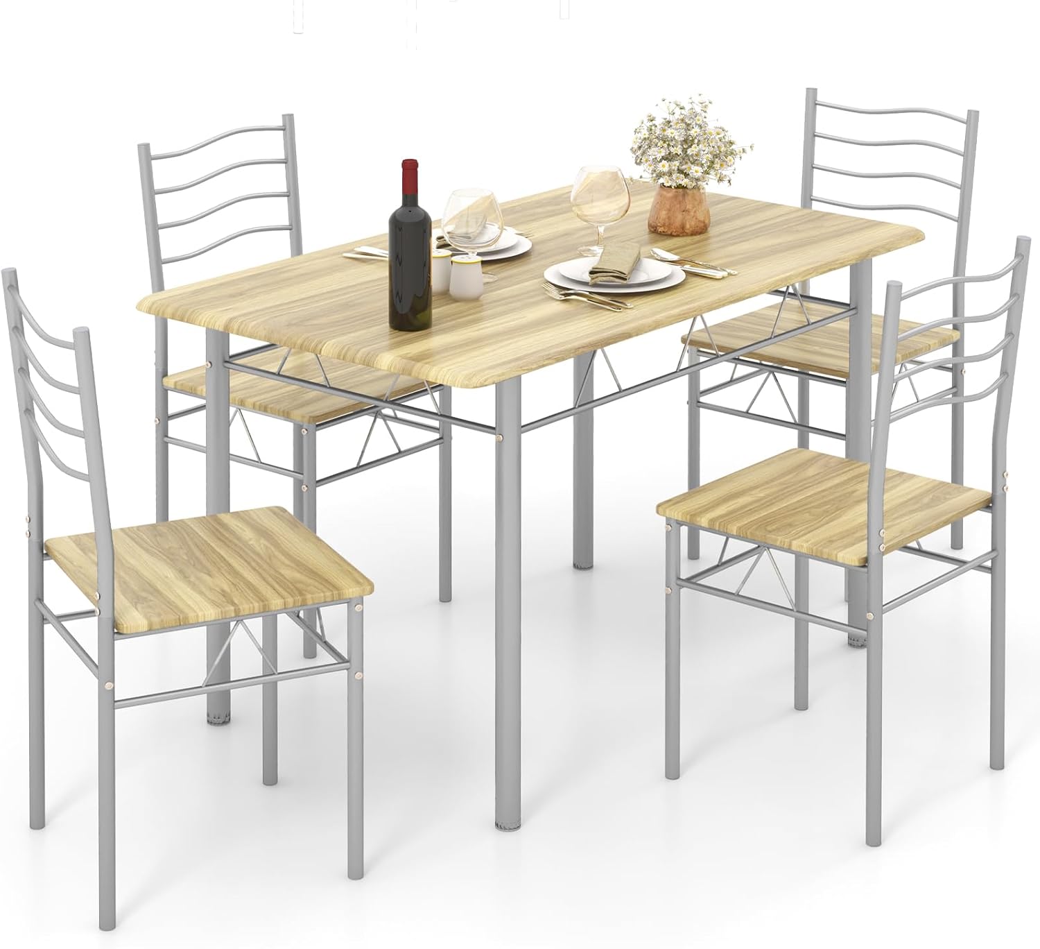 Giantex 47-inches Dining Table Set for 4, Rectangular Kitchen Table with 4 Dining Chairs, Metal Frame, 5-Piece Space-Saving Dinette Set for Small Space, Dinner, Breakfast Nook, Apartment, Natural