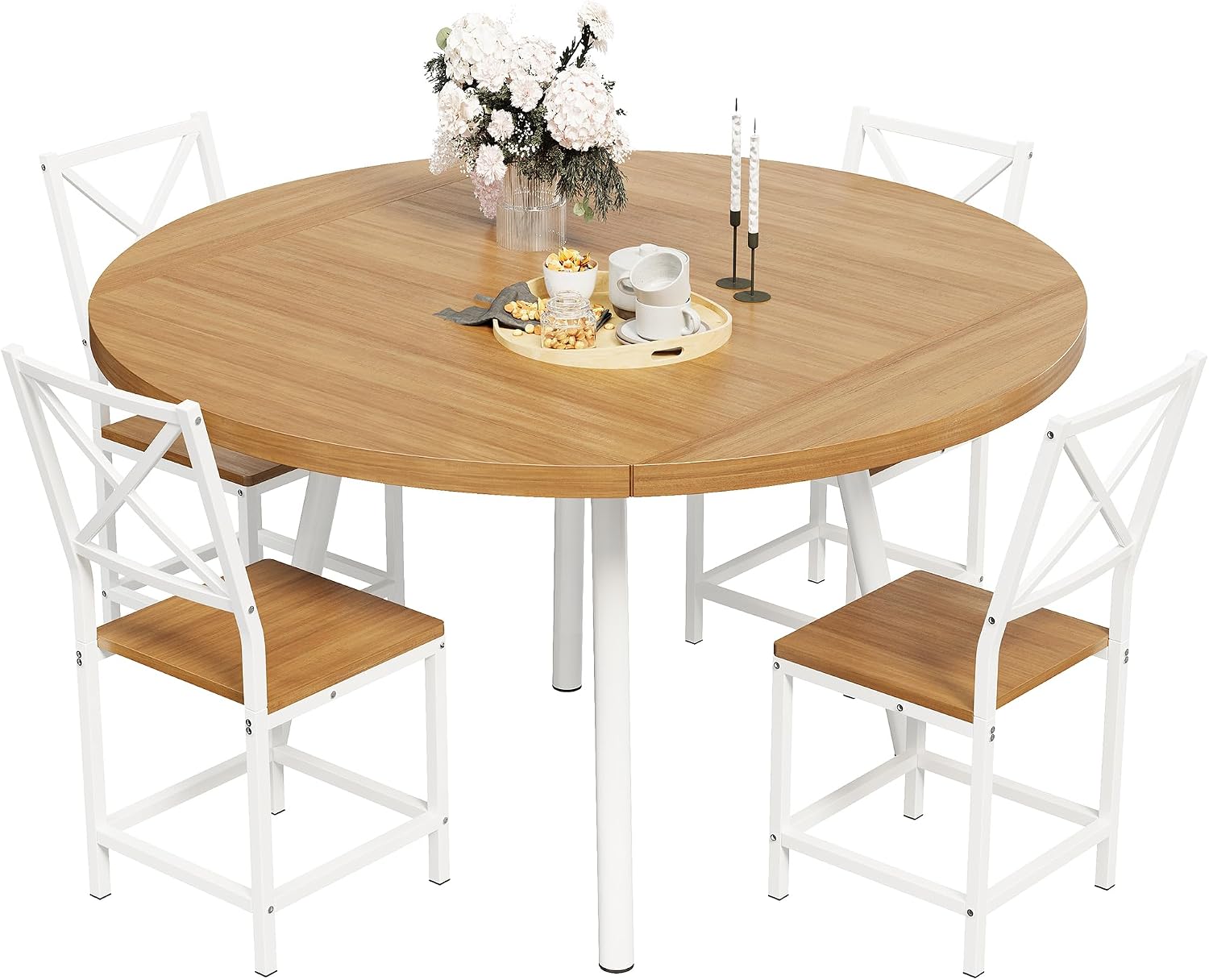 IRONCK Dining Table Set for 4, Round Kitchen Table and 4 Stool Chair for Dining Room, 44.5inch Drop Leaf Desk, Small Space Saving, Natural Wood