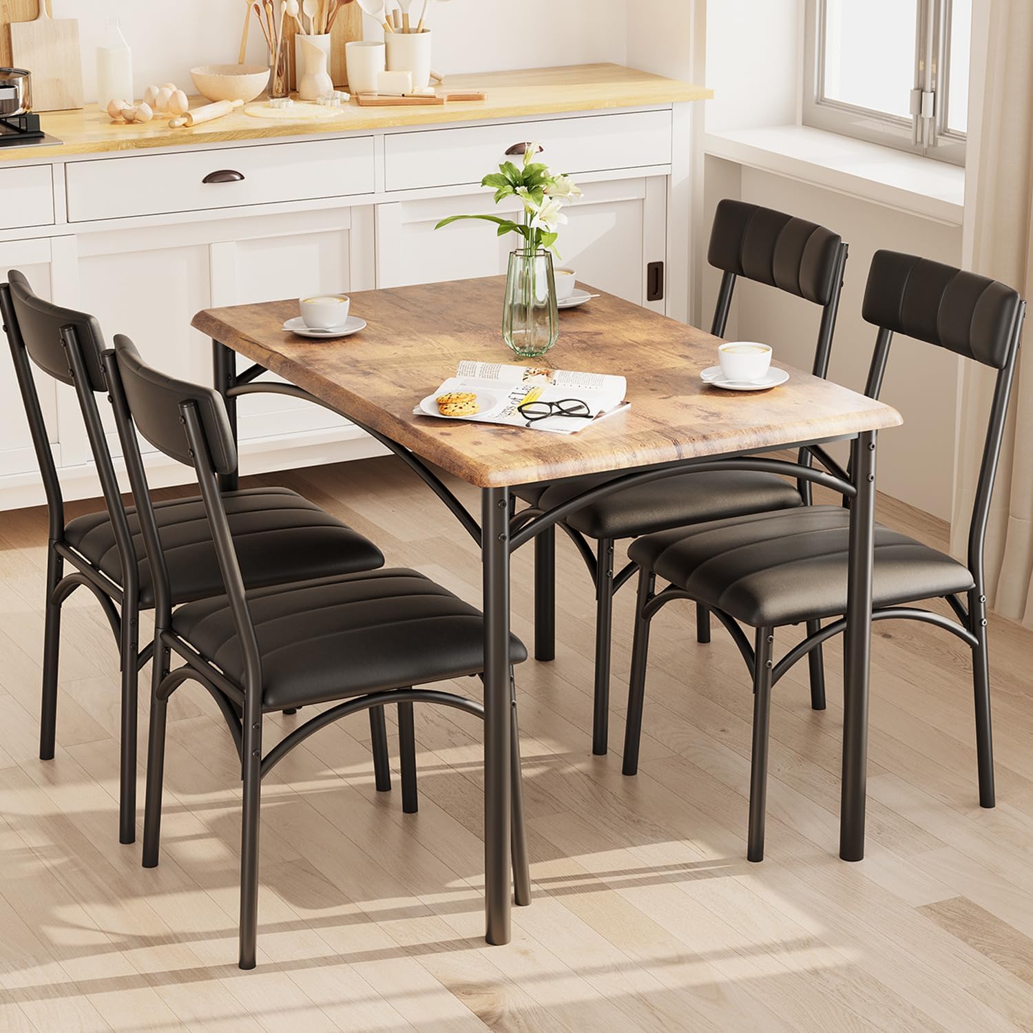GarveeHome Dining Table Set for 4, Kitchen Table with 4 Upholstered Chairs, Wood Rectangular Dining Table and Chairs Set, for Small Space, Apartment, Dinner, Rustic Brown