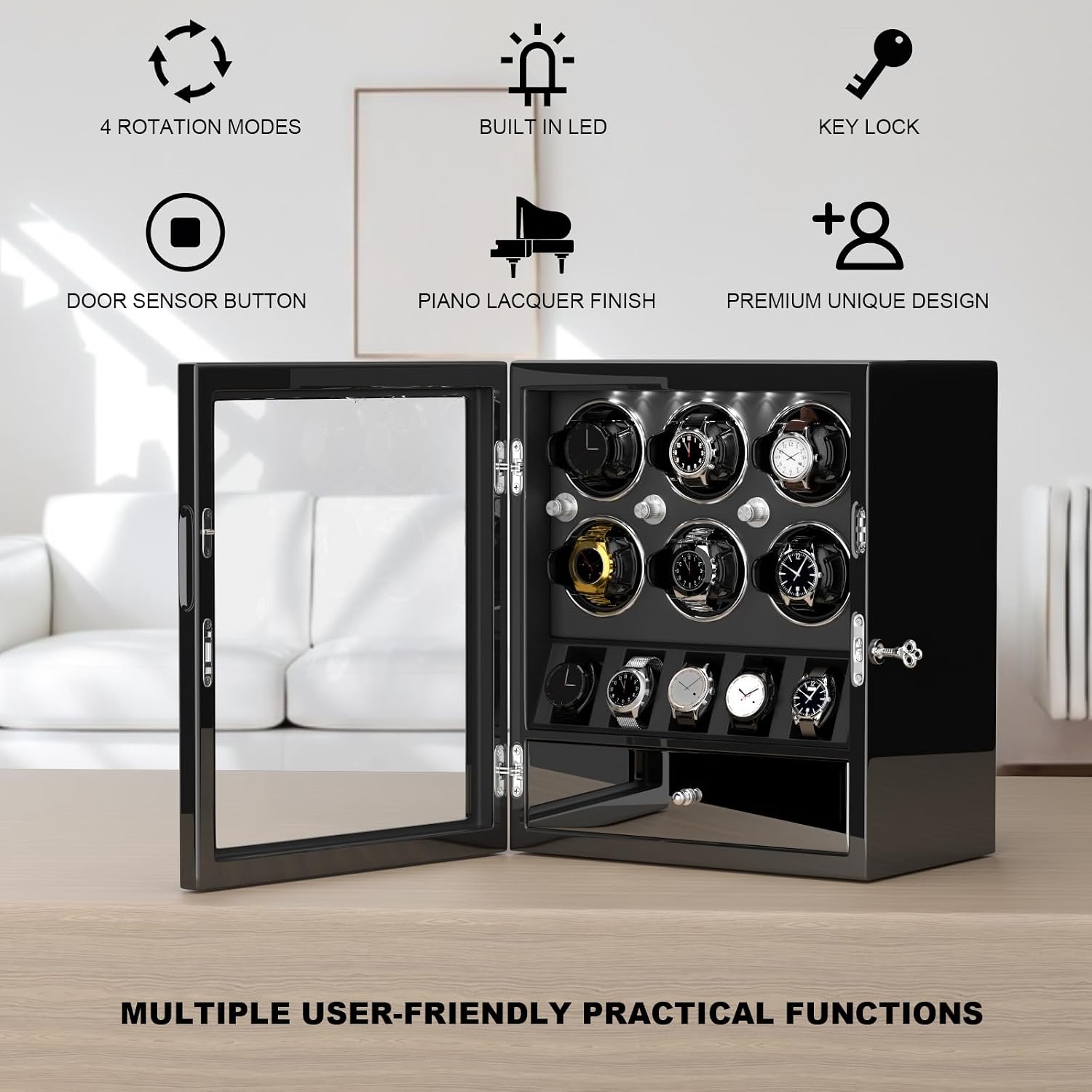 DUKWIN Watch Winder for 4/6/8 Automatic Watches, Lockable Winders with Watch Holders and Jewelry Storage, Super Quiet Motor with High-Gloss Finish, Built-in Illumination