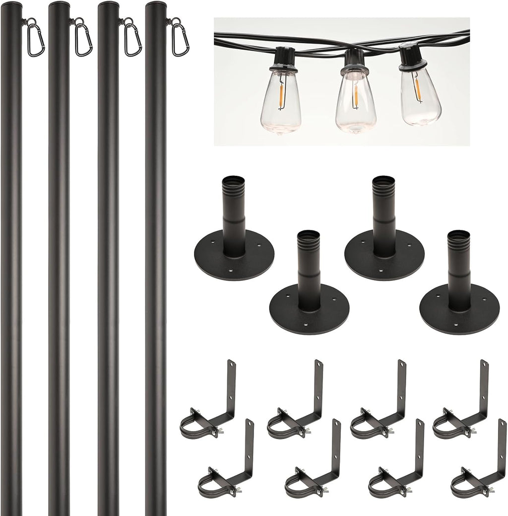 EXCELLO GLOBAL PRODUCTS Premium String Light Pole 4 Pack with 100' of LED Edison Bulb String Lights (Deck Mount)