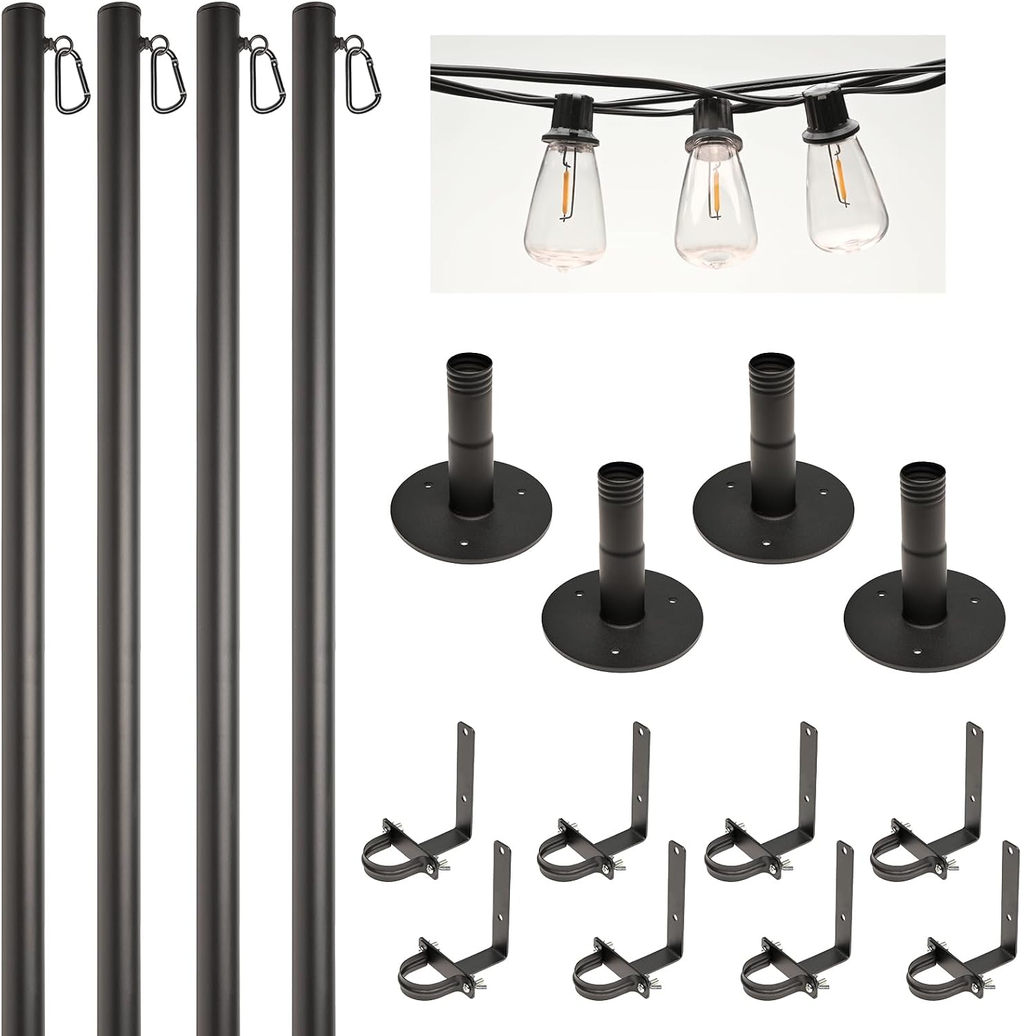 EXCELLO GLOBAL PRODUCTS Premium String Light Pole 4 Pack with 100' of LED Edison Bulb String Lights (Deck Mount)
