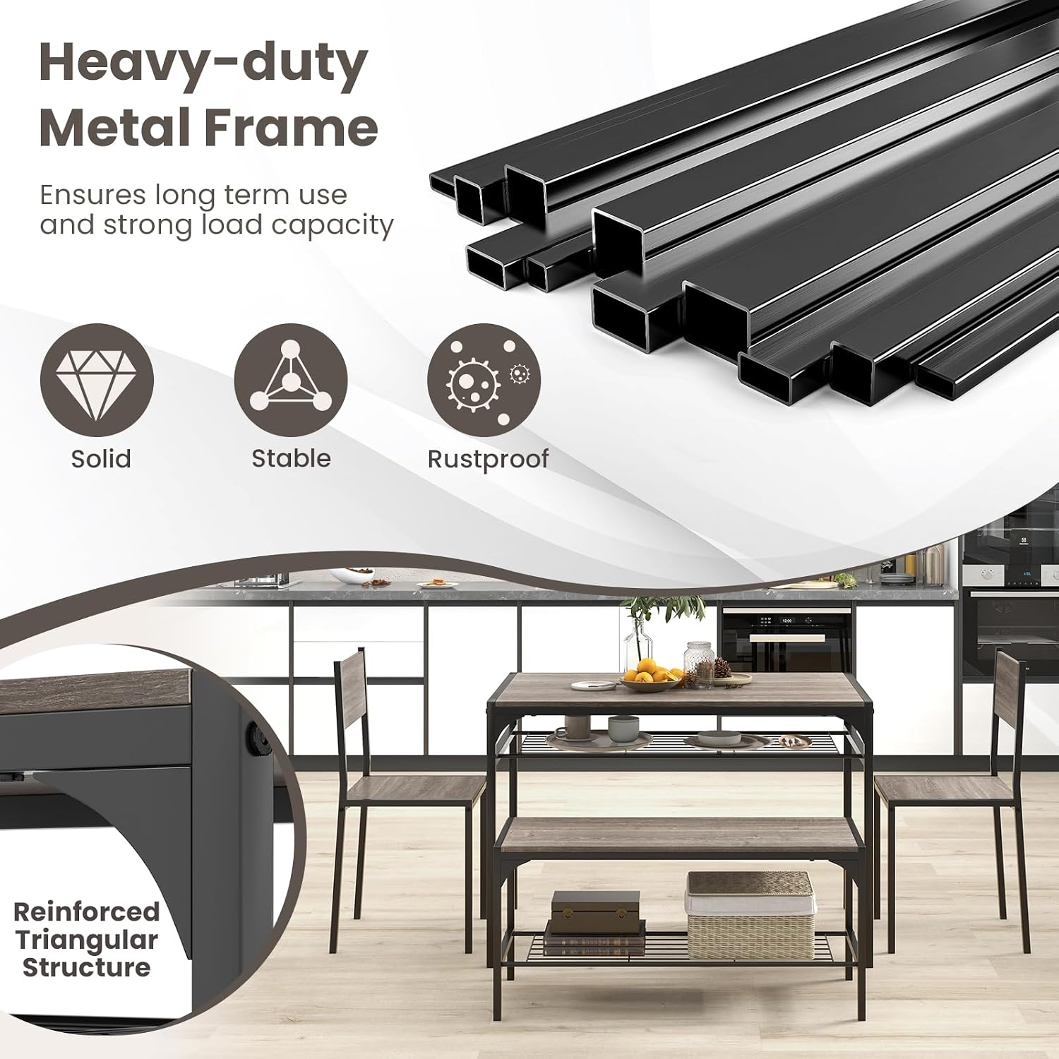 Tangkula Dining Table Set for 4, Kitchen Table and 2 Chairs for 4 with Bench, Additonal Storage Rack, 4 Piece Dining Table Set for Small Space, Apartment