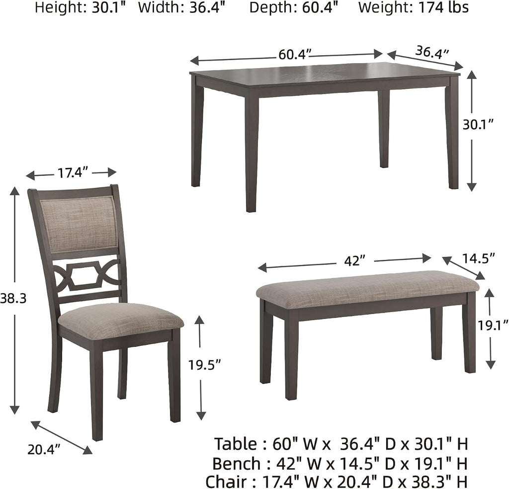 Signature Design by Ashley Wrenning Diamond Patterned Dining Table Set, 4 Upholstered Chairs and Bench, Seats 6, Wood, Gray