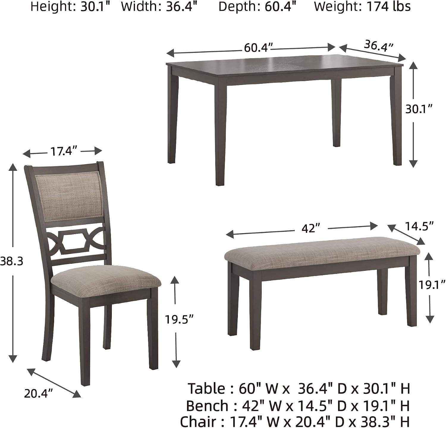 Signature Design by Ashley Wrenning Diamond Patterned Dining Table Set, 4 Upholstered Chairs and Bench, Seats 6, Wood, Gray
