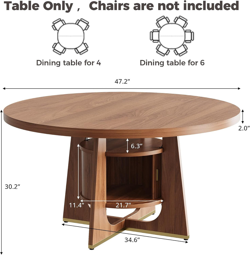 IRONCK 47 Inch Round Dining Table for 4-6 People with Built-in Storage Cabinet, Mid-Century Modern Kitchen Table for Dining Room, Kitchen, Living Room (Walnut)