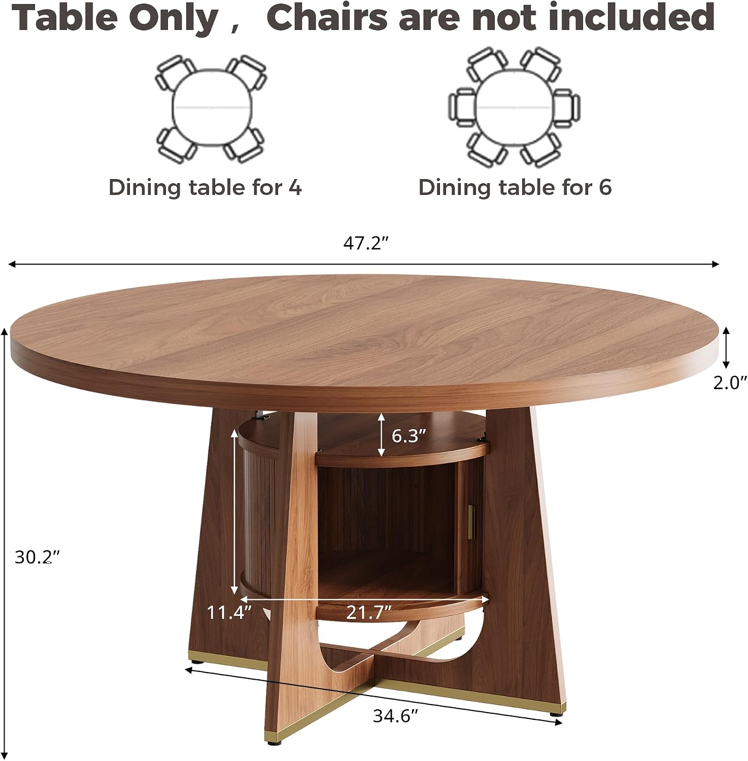 IRONCK 47 Inch Round Dining Table for 4-6 People with Built-in Storage Cabinet, Mid-Century Modern Kitchen Table for Dining Room, Kitchen, Living Room (Walnut)