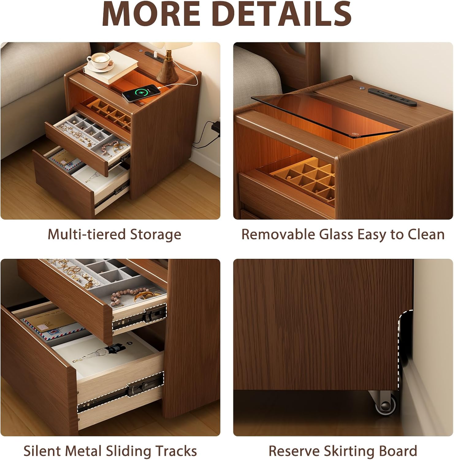 Solid Wood Nightstand,LED Nightstand with Charging Station,Narrow Bedside Table with Jewelry Box,Small Night Stand with Wheels,Modern Night Stand for Bedroom,Living Room,Dressing Room