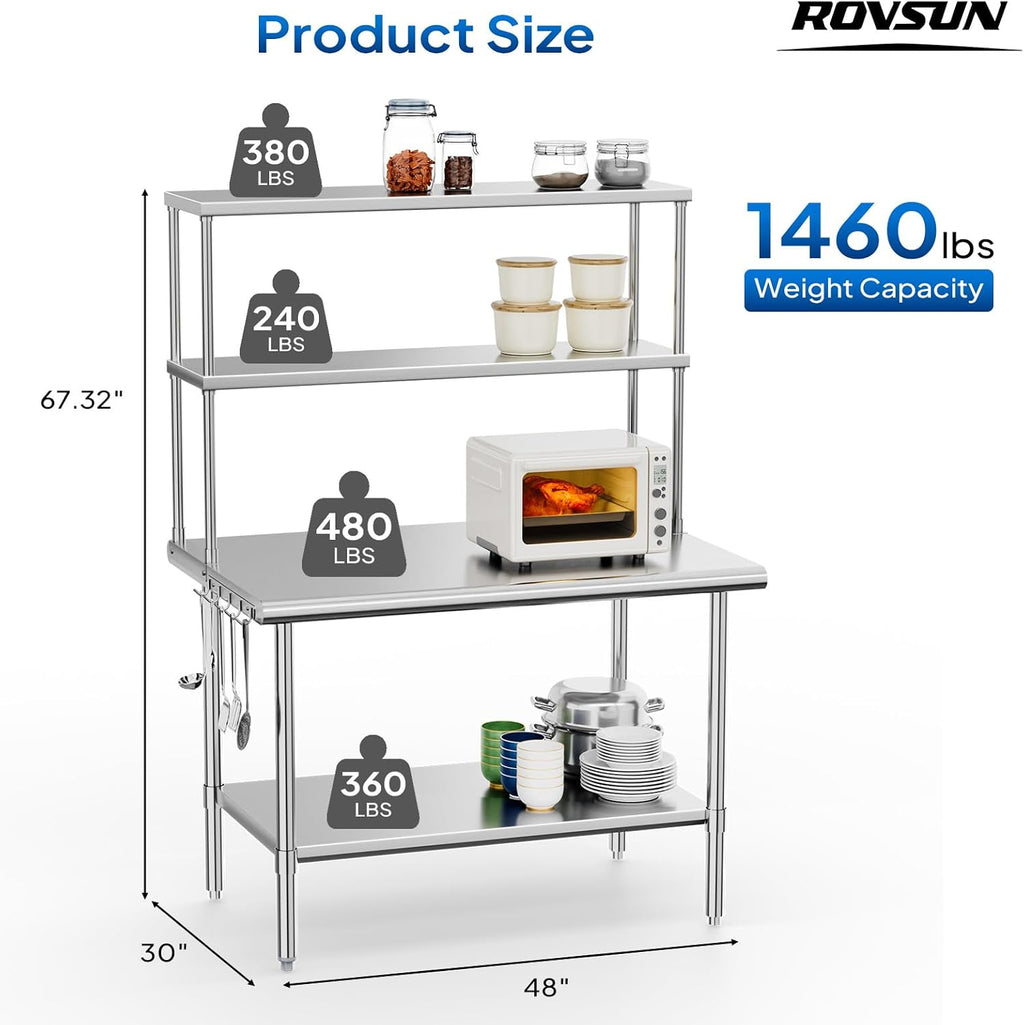 ROVSUN All Stainless Steel Table with Overshelves 48' X 30', NSF Commercial Heavy Duty Pre Table with Adjustable Undershelf & Detachable Hooks for Kitchen Restaurant Hotel Garages