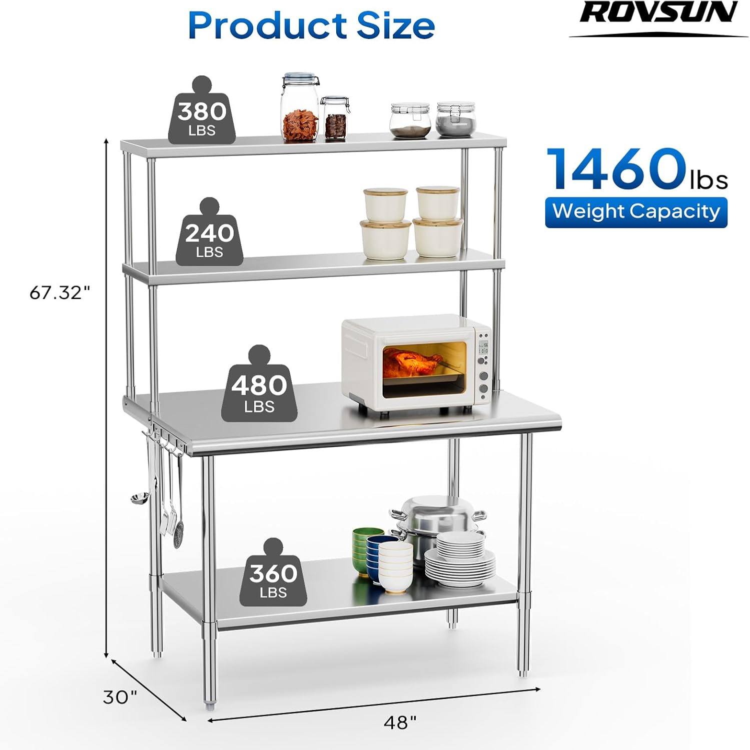 ROVSUN All Stainless Steel Table with Overshelves 48' X 30', NSF Commercial Heavy Duty Pre Table with Adjustable Undershelf & Detachable Hooks for Kitchen Restaurant Hotel Garages