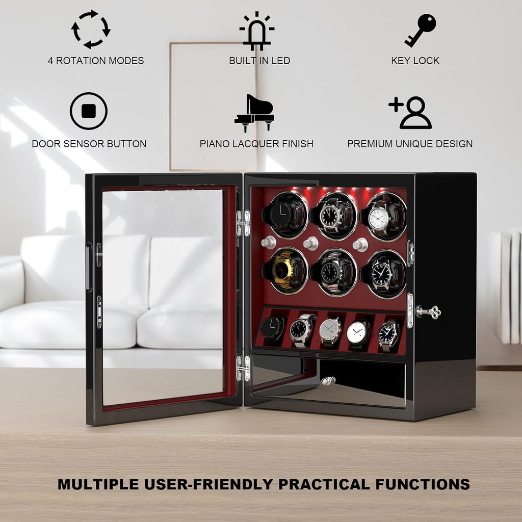 DUKWIN Watch Winder for 4/6/8 Automatic Watches, Lockable Winders with Watch Holders and Jewelry Storage, Super Quiet Motor with High-Gloss Finish, Built-in Illumination