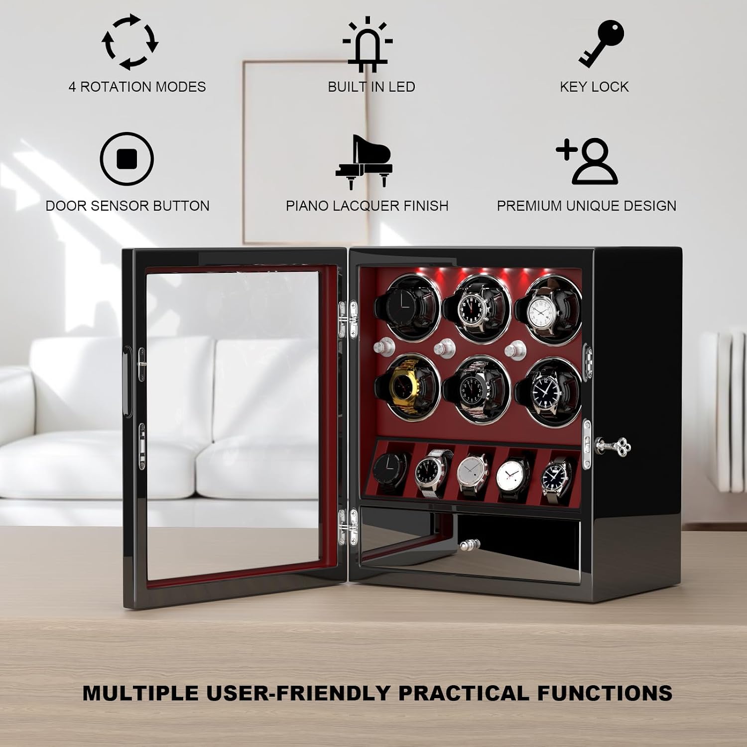 DUKWIN Watch Winder for 4/6/8 Automatic Watches, Lockable Winders with Watch Holders and Jewelry Storage, Super Quiet Motor with High-Gloss Finish, Built-in Illumination
