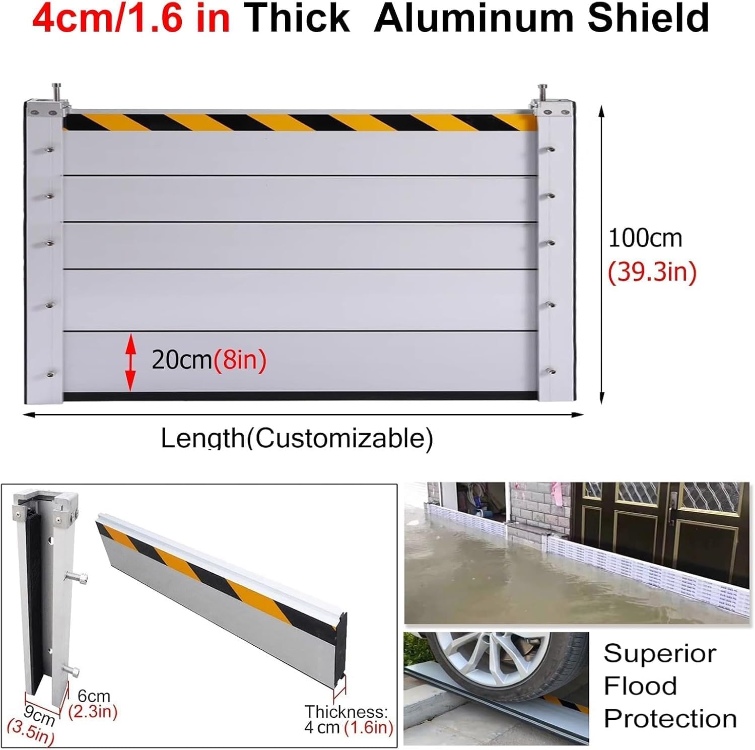 Reusable Heavy Duty Flood Barrier Door Outside, Commercial Aluminum Water Dams for Garage Door Threshold Outdoor Driveway & Mall Owners, Customizable Anti-Flood Board(Size:L2ft,Color:H 3.2ft/39in)