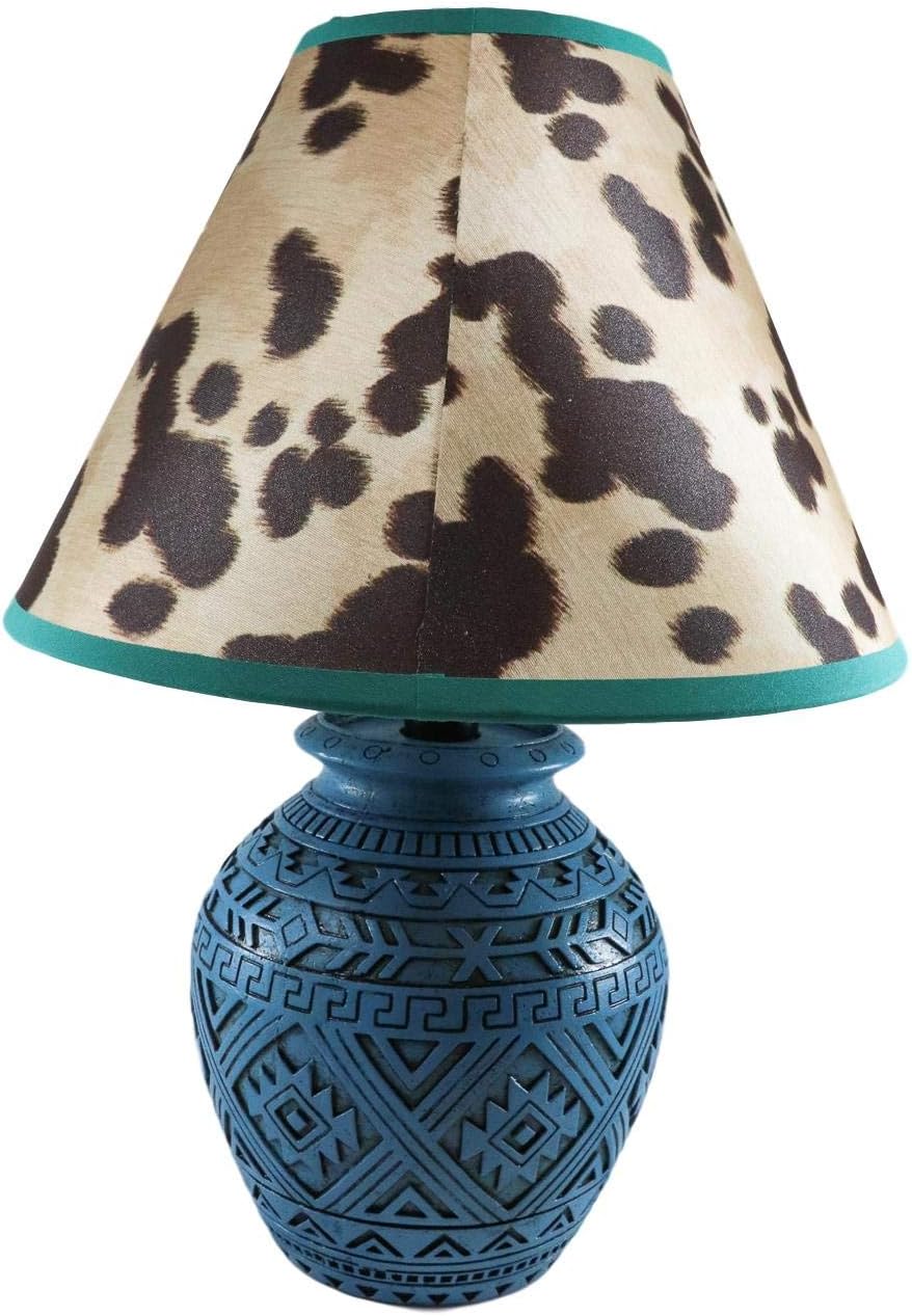 Ebros Blue Southwest Tribal Navajo Turquoise Vector Geometric Design Petite Vase Shaped Desktop Side Table Lamp With Faux Cow Print Shade 15'H Native Indian Country Western Home Accent Lighting Decor