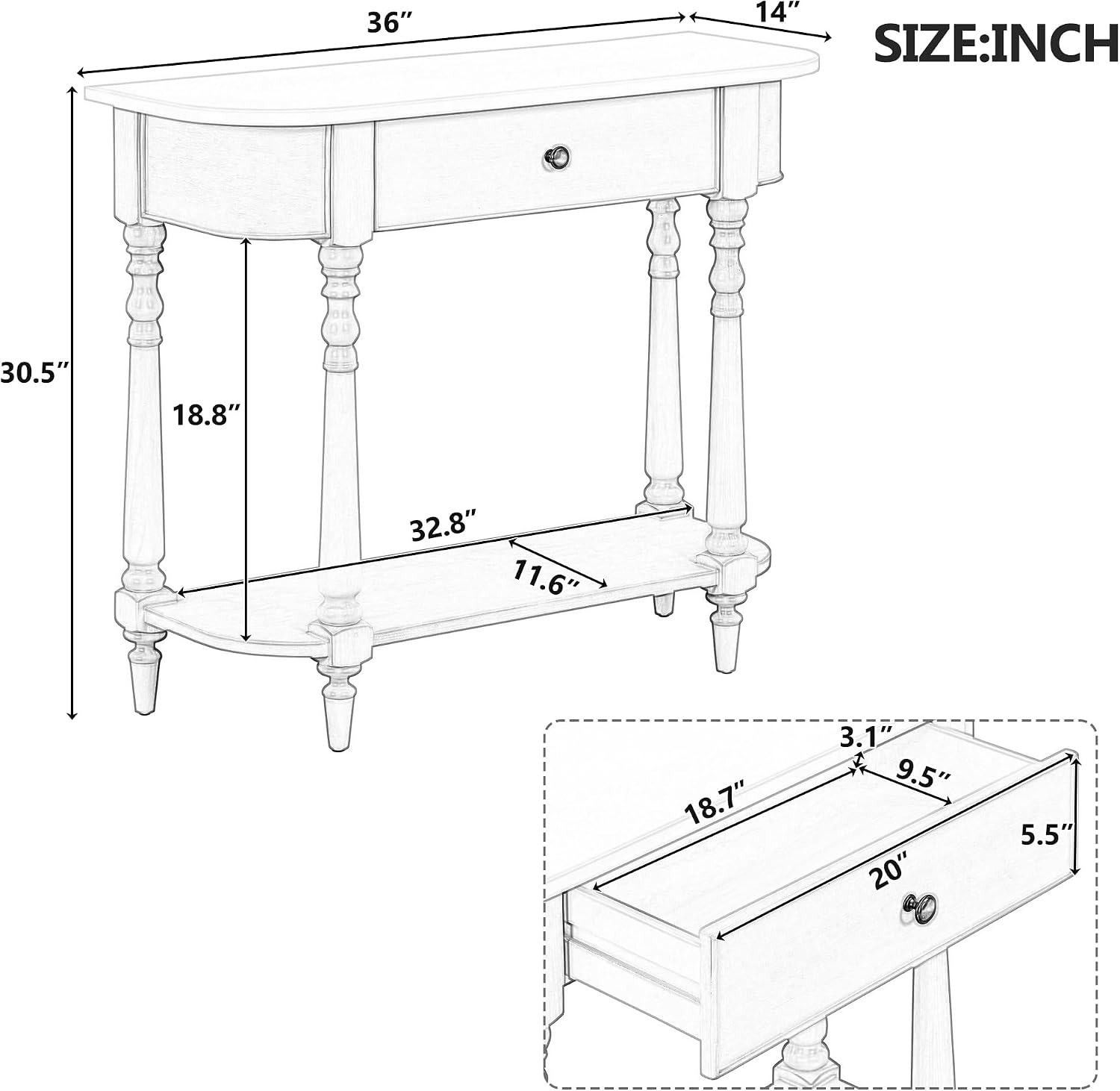 LKTART Small Corner-Curved Console Table,Farmhouse Entryway Table with Solid Wood Frame and Legs,Sofa Table with Drawer &Open Shelf for Behind Couch,Living Room,Hallway,Foyer(Beige+White 36')