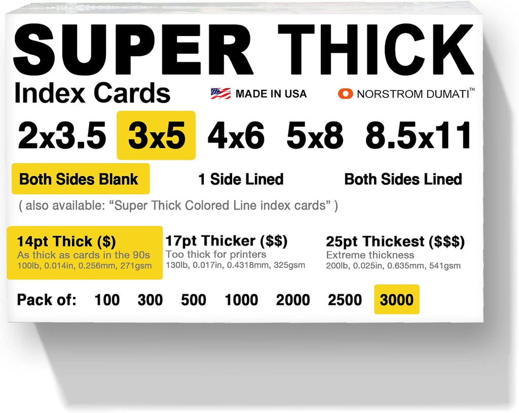 3,000 SUPER THICK index cards / 3'x5' / 14pt (0.014') 100lb / blank un-ruled/archival acid-free in bulk