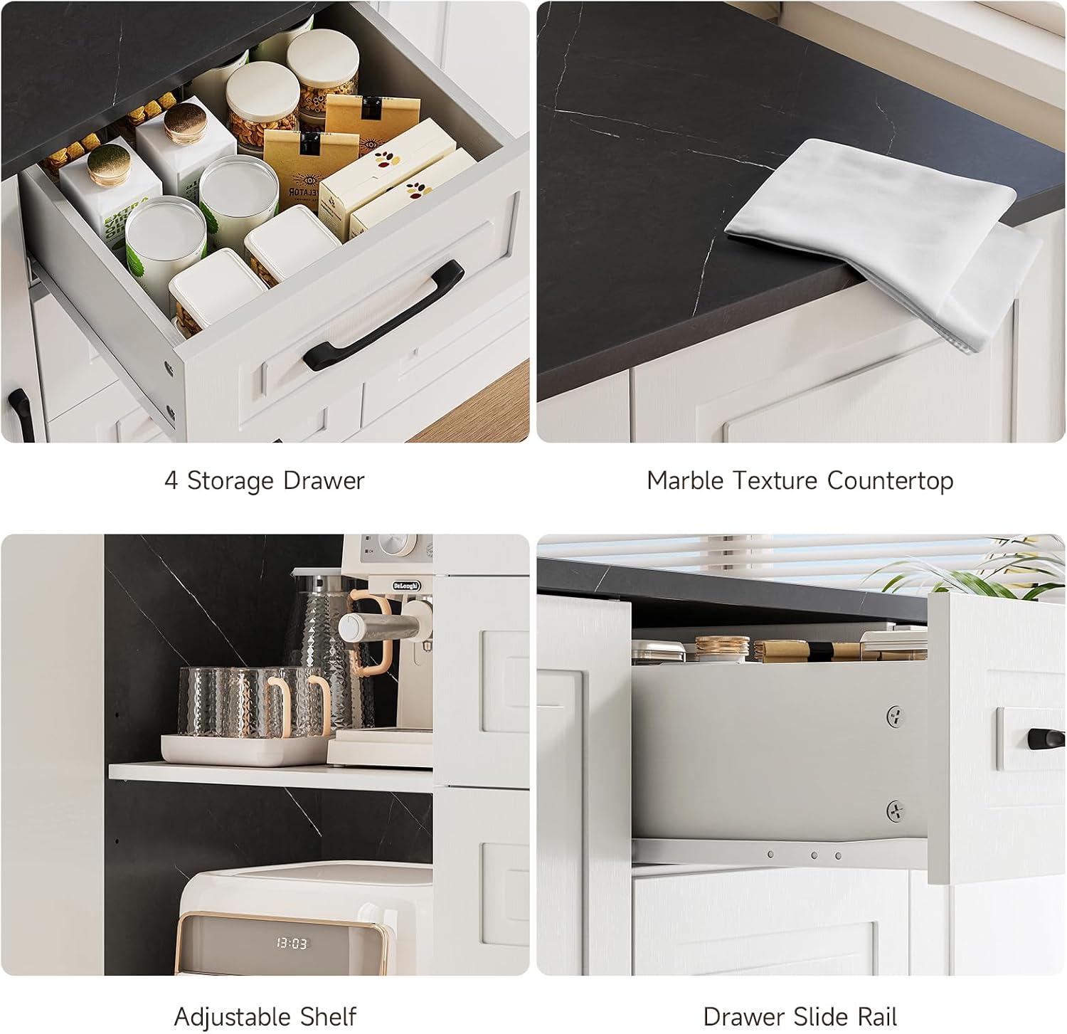 ONBRILL 47.3' Kitchen Island with 2 Storage Cabinets & 4 Drawers, Modern Imitation Marble Dining Table with Power Outlet, Island Bar Table for Kitchen, Dining Room, Living Room, Black