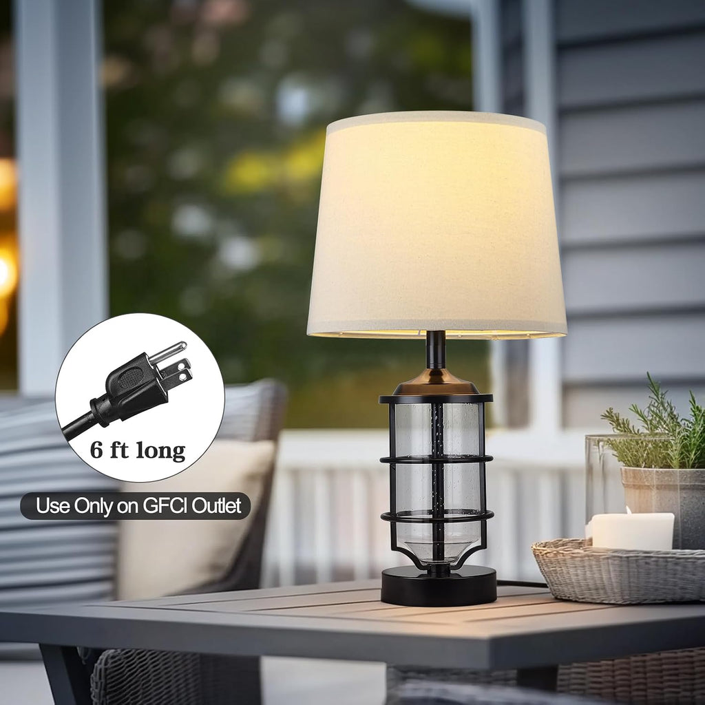 Outdoor Table Lamp, Farmhouse Lamp for Patio Table Decor with Cord, Rustic Table Light with Seeded Glass, 23.5' Plug-in Outdoor Lamps for Patio Waterproof, LED Bulb Included (Black)
