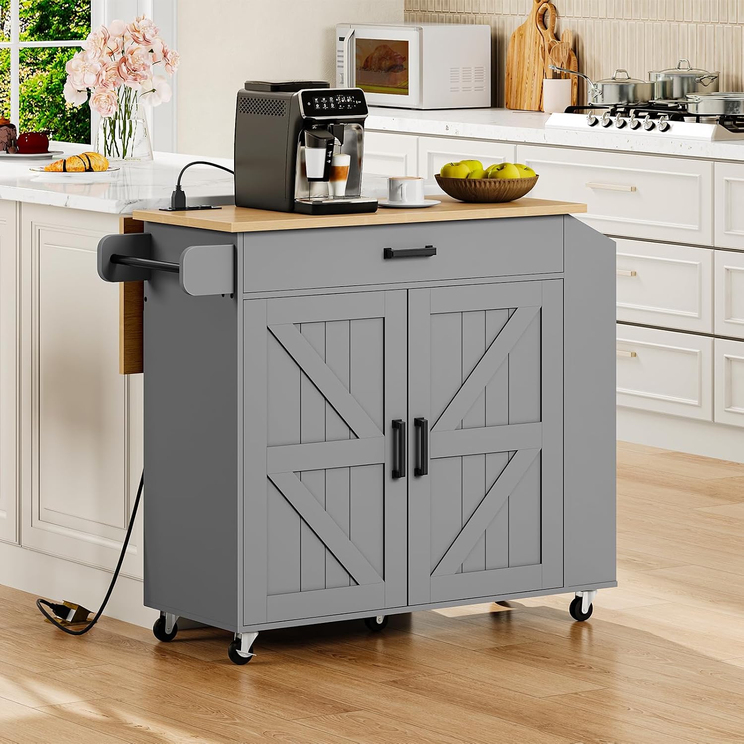 HOOBRO Kitchen Island with Drop Leaf Countertop & Power Outlet, Rolling Island Cart on Wheels, Kitchen Cart with Drawer & Spice Rack, Mobile Island Table for Kitchen, Natural and Grey GN86UZD01