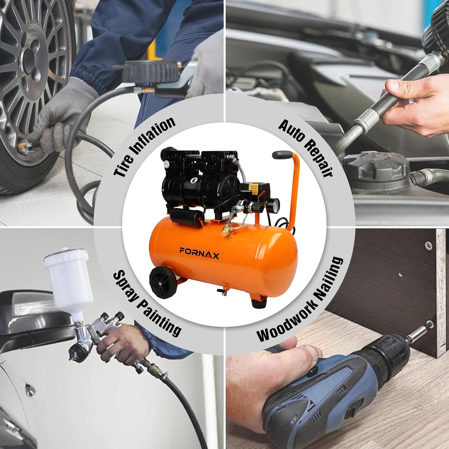FORNAX Portable Air Compressor 6.4 Gallon, 1 HP 2.2CFM@ 90 PSI Oil Free Air Compressor, Max Pressure 125 PSI, 65 dB Quiet Compressor for Auto Repair, Tire Inflation, Spray Painting, Woodwork Nailing