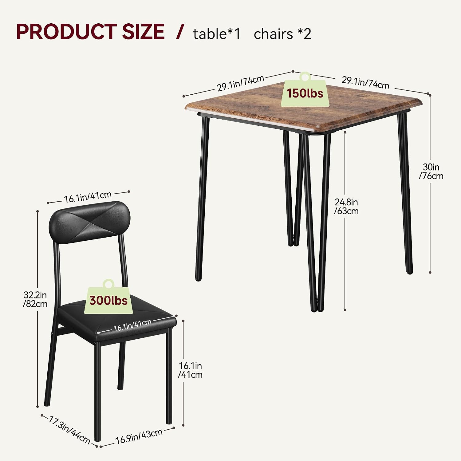 IDEALHOUSE Dining Table Set for 4, Kitchen Table with Upholstered Chairs for Kitchen Room and Small Spaces (Retro, Table with 2 Upholstered Chairs)