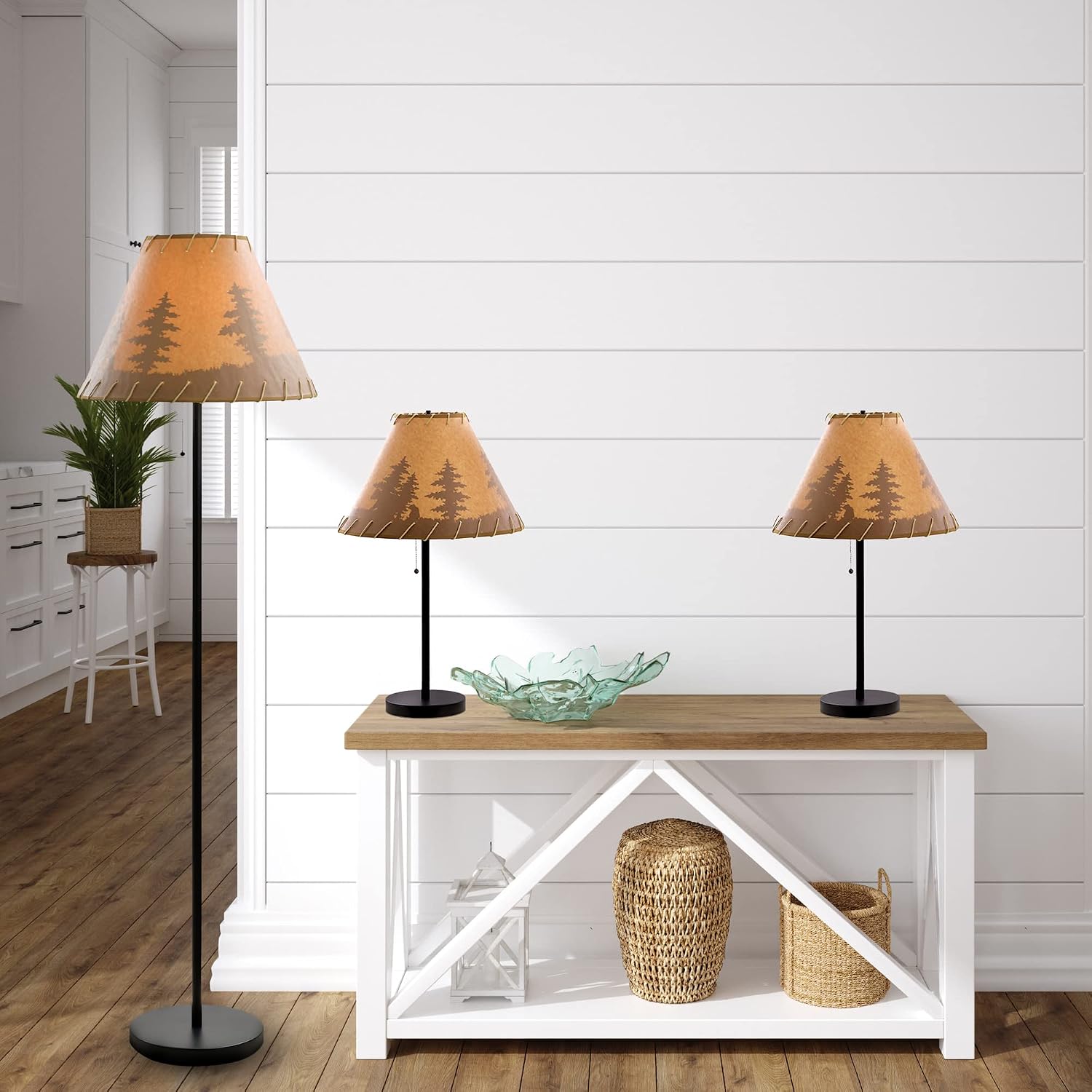 Catalina Lighting 19908-000 Rustic Cabin Lodge 3-Piece Table & Floor Lamp Set, LED Bulb NOT Included, 58', Forest Print,Set of 3