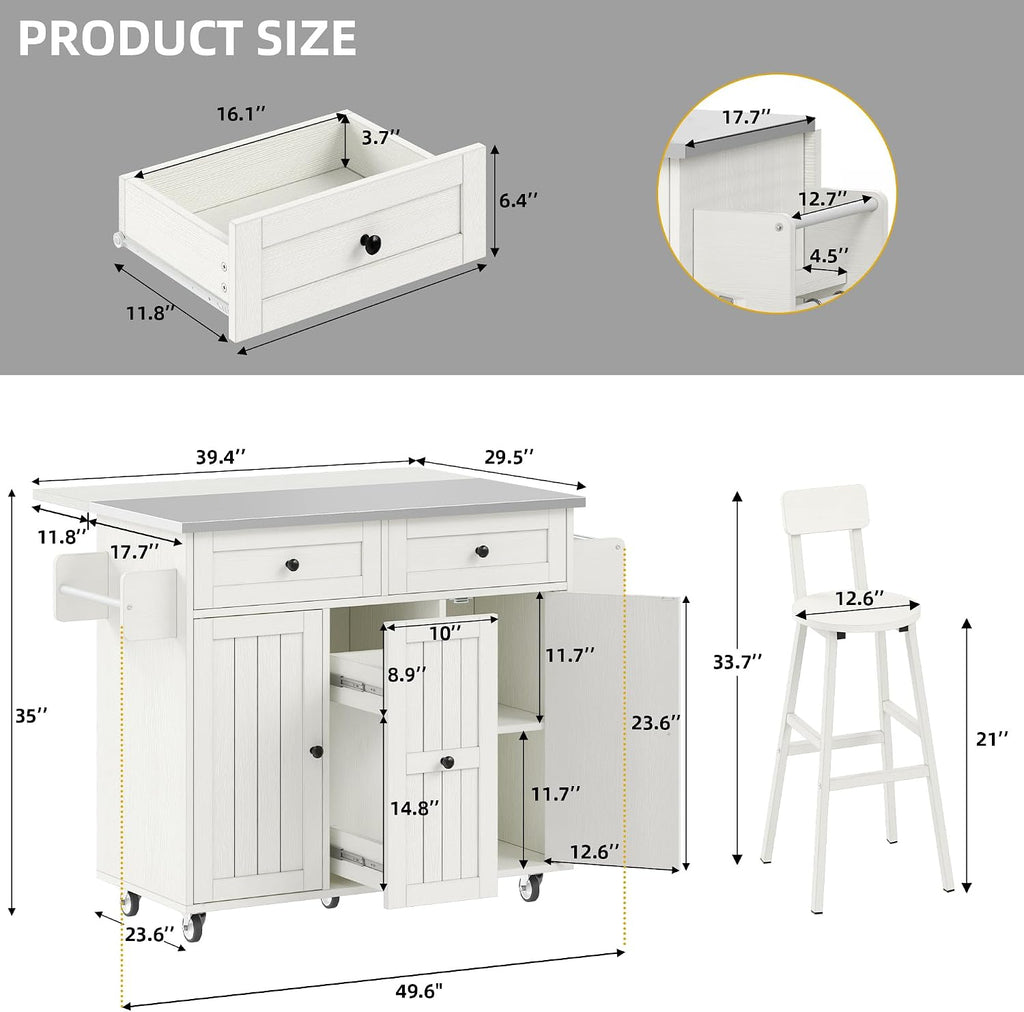 DWVO Kitchen Island with Seating, Mobile Kitchen Storage Island with Drop Leaf Countertop, Large Kitchen Island Table with Drawers, Cabinets, Bar Stools, Towel Rack and Spice Rack, White