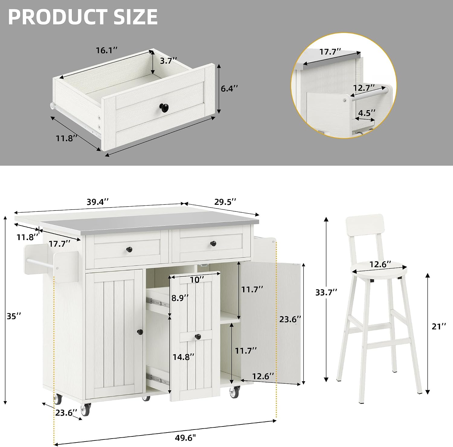 DWVO Kitchen Island with Seating, Mobile Kitchen Storage Island with Drop Leaf Countertop, Large Kitchen Island Table with Drawers, Cabinets, Bar Stools, Towel Rack and Spice Rack, White