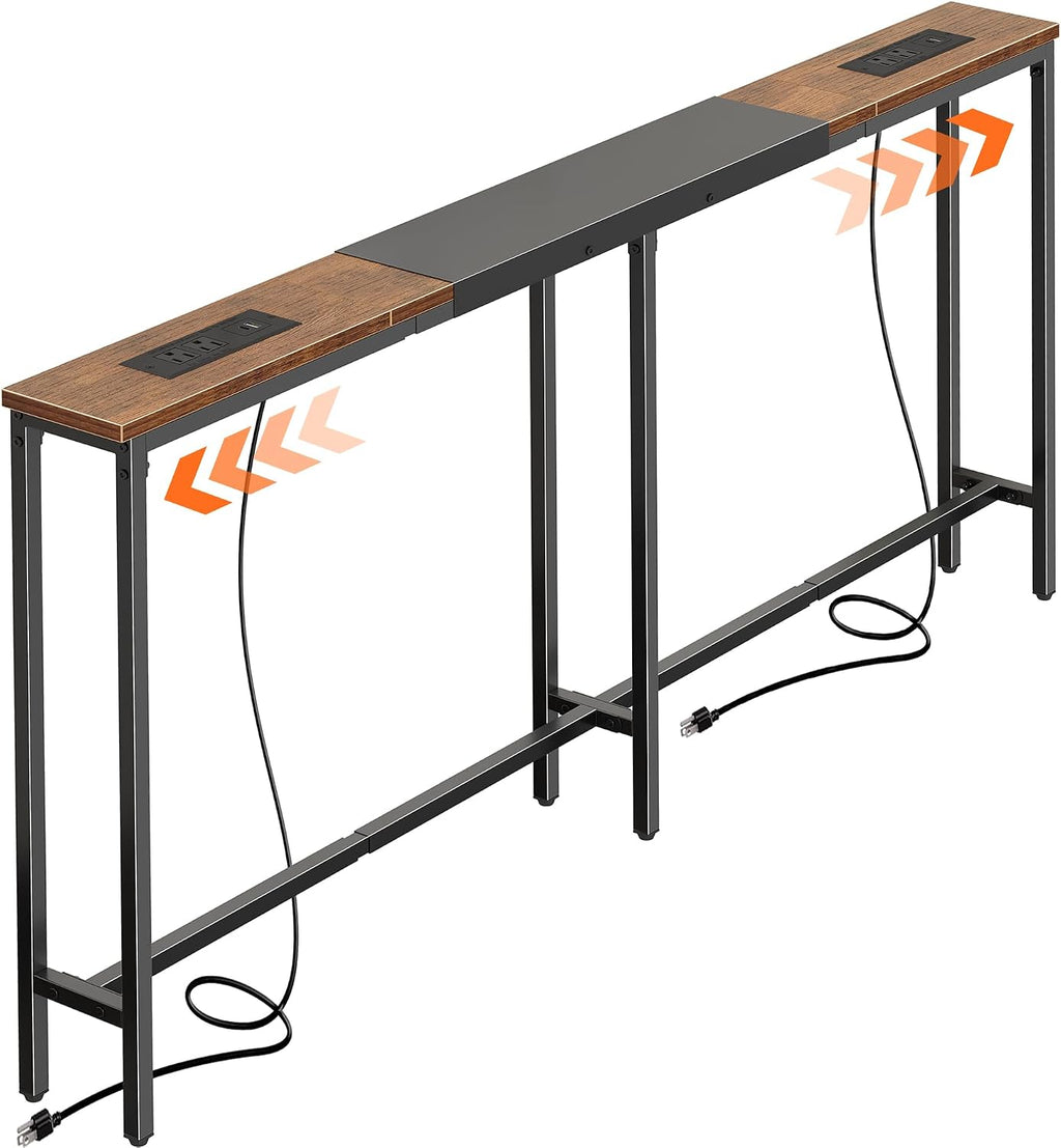 Huuger Narrow Sofa Table with 2 Power Outlets, 63-86.6 Inch Adjustable Length, Behind the Couch Table with USB-C Ports, Long Entryway Console Table, Anti-tip Kit, for Hallway Entry, Rustic Brown