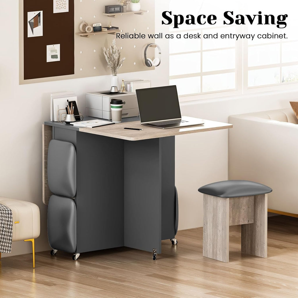 AWQM Foldable Dining Table Set for 4,Folding Dining Table with 4 Leather Chairs & Storage,Drop Leaf Dinner Table with 6 Wheels,Folding Kitchen Table and Chairs Set for Small Spaces,Grey